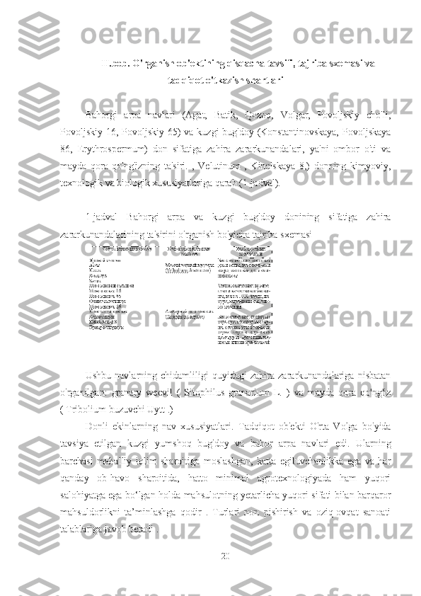 II. bob.   O'rganish ob'ektining qisqacha tavsifi, tajriba sxemasi va
tadqiqot o'tkazish shartlari
Bahorgi   arpa   navlari   (Agat,   Batik,   Qozoq,   Volgar,   Povoljskiy   cho'li,
Povoljskiy 16, Povoljskiy 65)  va kuzgi  bug'doy (Konstantinovskaya,  Povoljskaya
86,   Erythrospermum)   don   sifatiga   zahira   zararkunandalari,   ya'ni   ombor   o'ti   va
mayda   qora   qo'ng'izning   ta'siri.   ,   Velutinum   ,   Kinelskaya   8,)   donning   kimyoviy,
texnologik va biologik xususiyatlariga qarab (1-jadval).
1-jadval   Bahorgi   arpa   va   kuzgi   bug'doy   donining   sifatiga   zahira
zararkunandalarining ta'sirini o'rganish bo'yicha tajriba sxemasi
Ushbu   navlarning   chidamliligi   quyidagi   zahira   zararkunandalariga   nisbatan
o'rganilgan:   granary   weevil   (   Sitophilus   granarium   L.   )   va   mayda   qora   qo'ng'iz
( Tribolium buzuvchi Uytt .)
Donli   ekinlarning   nav   xususiyatlari.   Tadqiqot   ob'ekti   O'rta   Volga   bo'yida
tavsiya   etilgan   kuzgi   yumshoq   bug'doy   va   bahor   arpa   navlari   edi.   Ularning
barchasi   mahalliy   iqlim   sharoitiga   moslashgan,   katta   egiluvchanlikka   ega   va   har
qanday   ob-havo   sharoitida,   hatto   minimal   agrotexnologiyada   ham   yuqori
salohiyatga ega bo‘lgan holda mahsulotning yetarlicha yuqori sifati bilan barqaror
mahsuldorlikni   ta’minlashga   qodir   .   Turlari   non   pishirish   va   oziq-ovqat   sanoati
talablariga javob beradi .
20 