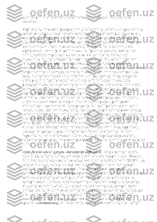 gumoral yo’l bilan ta’sir etib, nafas markazini qo’zg’atadi. Natijada nafas 
tezlashadi.
Keyinchalik, o’pka ventilyatsiyasi, minutlik hajmining oshishi, qon aylanishining 
tezlashuvi tufayli qondagi ortiqcha karbonat angidrid chiqarib yuboriladi va shu 
vaqtda hosil bo’layotgan kislotali moddalarni keltirayotgan kislorod oksidlab 
ulgura boshlaydi, ya’ni hosil bo’layotgan kislotali moddalar bilan keltirilayotgan 
kislorod miqdori o’zaro muvozanatlashadi. Shunga ko’ra nafas bir muncha 
siyraklashadi. Jismoniy ish ya’ni muskul faoliyatining dastlabki davrida hosil 
bo’lib, parchalanmay qolgan sut kislota va kislotali boshqa mahsulotlar 
muskulning    faolligi to’xtaganidan keyin parchalanadi. Shu sababli organizm 
ishdan to’xtagandan keyin ham bir oz vaqt davomida nafasi va yurak ishi 
tezlashgan bo’ladi. Muskul faol ishlab turgan paytda unda kechayotgan oksidlanish
jarayonlarining to’la amalga oshirishda muskul mioglobinining ahamiyati juda 
katta. Bu pigmentning kislorod biriktirish qobiliyati gemoglobinga qaraganda 
ancha yuqori bo’lganligi sababli shu modda ko’p bo’ladigan muskullarda –
yurak,jag’ muskullari, qushlarning qanot muskullari va boshqalarda bir muncha 
zahira kislorod to’planadi va muskullarning faol ishiga sarflanadi. Jismoniy ish 
paytida muskullardagi oksidlanish jarayonlarning yaxshi va to’la amalga 
oshirishda organizmning    chiniqqanligi ham katta ahamiyatga ega. Binobarin, 
to’g’ri muntazam ravishda me’yori bilan ish bajarib yurgan, ya’ni yaxshi 
chiniqtirilgan organizmlar ish bajarayotganda faol kapillyarlarning soni darhol 
oshadi, bu esa organizm muskullarida oksidlanish jarayonlarining yaxshi amalga 
oshishini ta’minlaydigan omildir. Jismoniy ish bajarayotgan organizm nafasining 
boshqarilishida bosh miya yarim sharlarining po’stlog’i ham ishtirok etadi. Ilgari 
ishlab yurgan organizmlarda ish boshlanishi oldidan nafasning tezlashishi ana 
shundan darak beradigan shartli reflektor aktdir. Organizmni ishga tayyorlash, 
odatdagi ishlaydigan joyiga olib kelish kabi “shartli ta’sirlarning o’zi ham 
hayvonda hali ish boshlamasdan oldinroq xuddi ish paytidagidek yurak ishi, 
nafasning tezlashuviga, o’pka ventilyatsiyasi va minutlik hajmining ortishiga sabab
bo’ladi.
Atmosfera bosimi o’zgargan sharoitlarda nafas olish.   Dengiz sathidan qancha 
balandlikka ko’tarila borilsa, atmosfera bosimi shuncha pasayib boradi. Masalan, 
3000metr balandlikda alveola havosidagi kislorodning parchalanishini 55-56ml. ga
tenglashib qoladi, natijada qondagi kislorodning parsial bosimi ham pasayib 
ketadi. Shunga ko’ra nafas tezlashib o’pka ventilyatsiyasi kuchayadi 
(giperventilyatsiya). O’pka ventilyatsiyasining kuchayishi, qondan ko’p miqdorda 
karbonat angidridning chiqarib yuborilishi natijasida qonda karbonat kislota 
kamayib ketadi. Oqibatda nafas markazining qo’zg’alishi pasayib, nafas tezligi, 
chuqurligi va ritmi buziladi. Qonda karbonat kislotaning juda kamayib ketishi 
qondagi kislota-ishqor muvozanatining ishqoriy tomonga surilishiga, natijada gaz 
alkolozining kelib chiqishiga olib keladi. 4500-5000metr balandlikda “tog’ 
kasali”paydo bo’ladi. Bu vaqtda oliy nerv faoliyati buziladi, nafas va qon 
aylanish   sistemalarining   ishi izidan chiqa boshlaydi. Charchoqlik, bosh og’rig’i  