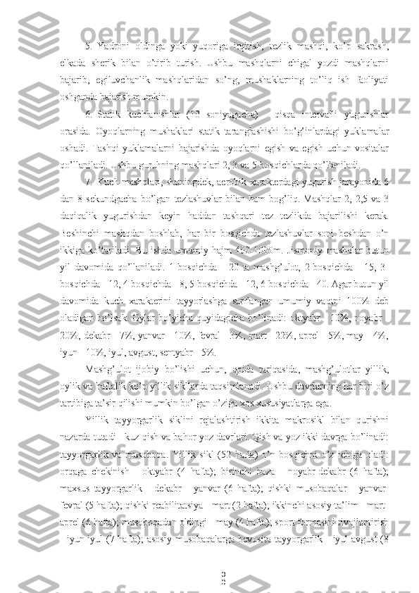 3
05. Yadroni   oldinga   yoki   yuqoriga   irqitish,   tezlik   mashqi,   ko’p   sakrash,
elkada   sherik   bilan   o’tirib   turish.   Ushbu   mashqlarni   chigal   yozdi   mashqlarni
bajarib,   egiluvchanlik   mashqlaridan   so’ng,   mushaklarning   to’liq   ish   faoliyati
oshganda bajarish mumkin.
6. Statik   kuchlanishlar   (10   soniyagacha)   -   qisqa   intervalli   yugurishlar
orasida.   Oyoqlarning   mushaklari   statik   taranglashishi   bo’g’inlardagi   yuklamalar
oshadi.   Tashqi   yuklamalarni   bajarishda   oyoqlarni   egish   va   egish   uchun   vositalar
qo’llaniladi. Ushbu guruhning mashqlari 2, 3 va 5-bosqichlarda qo’llaniladi.
7. Kuch mashqlari, shuningdek, aerobik xarakterdagi yugurish jarayonida 6
dan  8   sekundgacha   bo’lgan   tezlashuvlar   bilan  ham   bog’liq.   Mashqlar   2,   2,5  va   3
daqiqalik   yugurishdan   keyin   haddan   tashqari   tez   tezlikda   bajarilishi   kerak.
Beshinchi   mashqdan   boshlab,   har   bir   bosqichda   tezlashuvlar   soni   beshdan   o’n
ikkiga   ko’tariladi.   Bu   ishda   umumiy   hajm   400-1000m.   Jismoniy   mashqlar   butun
yil   davomida   qo’llaniladi.   1-bosqichda   -   20   ta   mashg’ulot,   2-bosqichda   -   15,   3-
bosqichda - 12, 4-bosqichda - 8, 5-bosqichda - 12, 6-bosqichda - 40. Agar butun yil
davomida   kuch   xarakterini   tayyorlashga   sarflangan   umumiy   vaqtni   100%   deb
oladigan  bo’lsak.   Oylar   bo’yicha   quyidagicha   bo’linadi:   oktyabr   -   10%,   noyabr   -
20%, dekabr - 7%, yanvar - 10%, fevral - 3%, mart - 22%, aprel - 5%, may - 4%,
iyun - 10%, iyul, avgust, sentyabr - 5%.
Mashg’ulot   ijobiy   bo’lishi   uchun,   qoida   tariqasida,   mashg’ulotlar   yillik,
oylik va haftalik ko’p yillik sikllarda taqsimlanadi. Ushbu davrlarning har biri o’z
tartibiga ta’sir qilishi mumkin bo’lgan o’ziga xos xususiyatlarga ega.
Yillik   tayyorgarlik   siklini   rejalashtirish   ikkita   makrosikl   bilan   qurishni
nazarda tutadi - kuz-qish va bahor-yoz davrlari. Qish va yoz ikki davrga bo’linadi:
tayyorgarlik   va   musoboqa.   Yillik   sikl   (52   hafta)   o’n   bosqichni   o’z   ichiga   oladi:
orqaga   chekinish   -   oktyabr   (4   hafta);   birinchi   baza   -   noyabr-dekabr   (6   hafta);
maxsus   tayyorgarlik   -   dekabr   -   yanvar   (6   hafta);   qishki   musobaqalar   -   yanvar-
fevral (5 hafta); qishki reabilitatsiya - mart (2 hafta); ikkinchi asosiy ta’lim - mart-
aprel (6 hafta); musoboqadan oldingi - may (4 hafta); sport formasini rivojlantirish
- iyun-iyul  (7 hafta);  asosiy  musobaqalarga bevosita  tayyorgarlik -  iyul-avgust  (8 