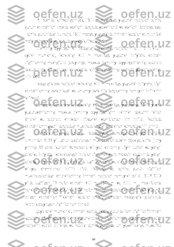 596-   rasmda   ko’rsatilganidek,   1500   m   masofaga   yugurish   natijalari   tajriba
guruhi sportchilari orasida sezilarli darajada yaxshilandi va sezilarli farqlarga ega.
Tajriba guruhidagi bu natija 1500 metrga yugurishda birinchi kattalar sport toifasi
me’yori bajarildi va bu juda yaxshi ko’rsatkichdir.
Jismoniy   tayyorgarlikni   pedagogik   tekshirish   natijalarini   tahlil   qilib   shuni
aytish   mumkinki,   ixtisosligi   800   m   masofaga   yugurish   bo’yicha   sportchi
o’g’illarning   mashg’ulot   jarayoniga   maxsus   jismoniy   tayyorgarlikning   tadqiqot
dasturi   joriy   etilgani   test   sinovlarida   ko’rsatkichlarning   sezilarli   yaxshilanishiga
olib keldi.
Pedagogik test natijalari ixtisosligi 800 m masofaga yugurish bo’yicha o’gil
sportchilarning tezkor-kuch va umumiy tezkorlik darajasining namoyon bo’lishini
ko’rsatdi.
Bizning tadqiqotimizda ixtisosligi 800 m masofaga yugurishga 15-16 yoshli
yuguruvchilarning   maxsus   jismoniy   tayyorgarligini   oshirish   dasturini   ishlab
chiqish   va   tadqiqot   sinovdan   o’tkazish   vazifalardan   biri   bo’ldi.   Natijada
sportchilarning turli darajadagi musobaqalardagi chiqishlari samarali tahlil qilindi.
O’zbekiston   yengil   atletika   federatsiyasi   Samarqand   viloyati   bo’limi
tomonidan  2022  yil   uchun  tasdiqlangan  musobaqalar   taqvim   rejasiga  ko’ra     joriy
yilning   22   aprel   kunlari   Samarqand   viloyati   sportning   o’yin   turlari   va   yengil
atletika   bo’yicha   ixtisoslashgan   bolalar-o’smirlar   sport   maktabi   stadionida   yengil
atletika bo’yicha 2006-2007 yillarda tug’ilgan og’il va qizlar o’rtasida Samarqand
viloyat   chempionati   bo’lib   o’tdi.   Nazorat   va   tajriba   guruh   o’g’illari
musobaqalaridagi   chiqishlarining   birinchi   natijalari   namoyish   etildi.   2006-2007
yilda   tug’ilgan   12   nafar   sportchi   800   m,   1500   m   va   3000   m     masofalarda
bahslashdi.   O’gillar   guruhida   ikki   nafar   “birinchi   kattalar   sport   toifasi”   yugurdi,
qolgan   sportchilar   “ikkinchi   kattalar   toifa”,   jumladan   pedagogik   tadqiqotda
ishtirok etayotgan o’g’illar ham bor edi.
Qayd etish mumkinki, birinchi startda ikkala guruhda ham o’g’illar “birinchi
kattalar   toifasi”   sport   toifasini   yugurishdi.   Biz   o’g’illarning   oldingi   musoboqalar
natijasini   saqlab   qolishga   va   hattoki   tajriba   guruhida   uni   yaxshilashga   muvaffaq 