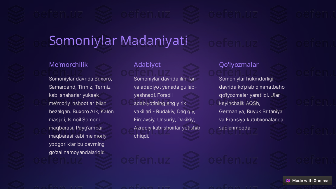 Somoniylar Madaniyati
Me'morchilik
Somoniylar davrida Buxoro, 
Samarqand, Tirmiz, Termiz 
kabi shaharlar yuksak 
me'moriy inshootlar bilan 
bezalgan. Buxoro Ark, Kalon 
masjidi, Ismoil Somoni 
maqbarasi, Payg'ambar 
maqbarasi kabi me'moriy 
yodgorliklar bu davrning 
go'zal namoyandalaridir. Adabiyot
Somoniylar davrida ilm-fan 
va adabiyot yanada gullab-
yashnadi. Forsdil 
adabiyotining eng yirik 
vakillari - Rudakiy, Daqiqiy, 
Firdavsiy, Unsuriy, Dakikiy, 
Azraqiy kabi shoirlar yetishib 
chiqdi. Qo'lyozmalar
Somoniylar hukmdorligi 
davrida ko'plab qimmatbaho 
qo'lyozmalar yaratildi. Ular 
keyinchalik AQSh, 
Germaniya, Buyuk Britaniya 
va Fransiya kutubxonalarida 
saqlanmoqda.  