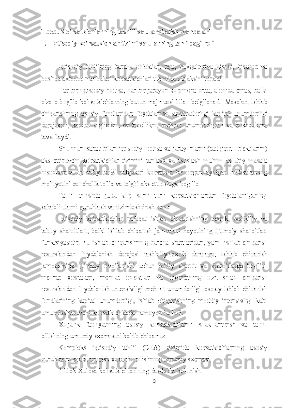 1 bob. Ko'rsatkichlarning tasnifi va ularni olish manbalari
1.1 Iqtisodiy ko'rsatkichlar tizimi va ularning tahlildagi roli
 
Iqtisodiy   tahlilning   barcha   ob'ektlari   reja,   buxgalteriya   hisobi,   hisobot   va
boshqa axborot manbalari ko'rsatkichlari tizimida o'z aksini topadi.
Har bir iqtisodiy hodisa, har bir jarayon ko'pincha bitta, alohida emas, balki
o'zaro bog'liq ko'rsatkichlarning butun majmuasi bilan belgilanadi.   Masalan, ishlab
chiqarishning   asosiy   fondlaridan   foydalanish   samaradorligi   kapital   unumdorligi
darajasini,   kapital   sig’imini,   rentabellikni,   mehnat   unumdorligini   va   boshqalarni
tavsiflaydi.
Shu munosabat bilan iqtisodiy hodisa va jarayonlarni (tadqiqot ob'ektlarini)
aks   ettiruvchi   ko'rsatkichlar   tizimini   tanlash   va   asoslash   muhim   uslubiy   masala
hisoblanadi.   Iqtisodiy   tahlil   natijalari   ko'rsatkichlar   o'rganilayotgan   hodisalarning
mohiyatini qanchalik to'liq va to'g'ri aks ettirishiga bog'liq.
Tahlil   qilishda   juda   ko'p   sonli   turli   ko'rsatkichlardan   foydalanilganligi
sababli ularni guruhlash va tizimlashtirish zarur.
Iqtisodiy   ko'rsatkichlar   nafaqat   ishlab   chiqarishning   texnik,   tashkiliy   va
tabiiy   sharoitlari,   balki   ishlab   chiqarish   jamoalari   hayotining   ijtimoiy   sharoitlari
funktsiyasidir.   Bu   ishlab   chiqarishning   barcha   shartlaridan,   ya'ni.   ishlab   chiqarish
resurslaridan   foydalanish   darajasi   tashkiliy-texnik   darajaga,   ishlab   chiqarish
jamoasining   ijtimoiy   rivojlanishi   uchun   tabiiy   sharoit   va   sharoitlarga   bog'liq:
mehnat   vositalari,   mehnat   ob'ektlari   va   mehnatning   o'zi.   Ishlab   chiqarish
resurslaridan foydalanish intensivligi mehnat unumdorligi, asosiy ishlab chiqarish
fondlarining   kapital   unumdorligi,   ishlab   chiqarishning   moddiy   intensivligi   kabi
umumlashtiruvchi ko'rsatkichlarda namoyon bo'ladi.
Xo'jalik   faoliyatining   asosiy   ko'rsatkichlarini   shakllantirish   va   tahlil
qilishning umumiy sxemasini ko'rib chiqamiz.
Kompleks   iqtisodiy   tahlil   (CEA)   tizimida   ko'rsatkichlarning   asosiy
guruhlarini shakllantirish va tahlil qilishning umumiy sxemasi.
1-blok Xulosa ko'rsatkichlarining dastlabki ko'rinishi
3 