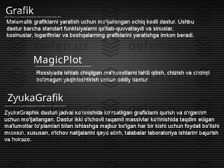 Matematik grafiklarni yaratish uchun mo'ljallangan ochiq kodli dastur. Ushbu 
dastur barcha standart funktsiyalarni qo'llab-quvvatlaydi va sinuslar, 
kosinuslar, logarifmlar va boshqalarning grafiklarini yaratishga imkon beradi.Grafik
MagicPlot
Rossiyada ishlab chiqilgan ma'lumotlarni tahlil qilish, chizish va chiziqli 
bo'lmagan yaqinlashtirish uchun oddiy dastur
ZyukaGrafik
ZyukaGraphik dasturi jadval ko'rinishida ko'rsatilgan grafiklarni qurish va o'rganish 
uchun mo'ljallangan. Dastur ikki o'lchovli raqamli massivlar ko'rinishida taqdim etilgan 
ma'lumotlar to'plamlari bilan ishlashga majbur bo'lgan har bir kishi uchun foydali bo'lishi 
mumkin, xususan, o'lchov natijalarini qayd etish, talabalar laboratoriya ishlarini bajarish 
va hokazo. 