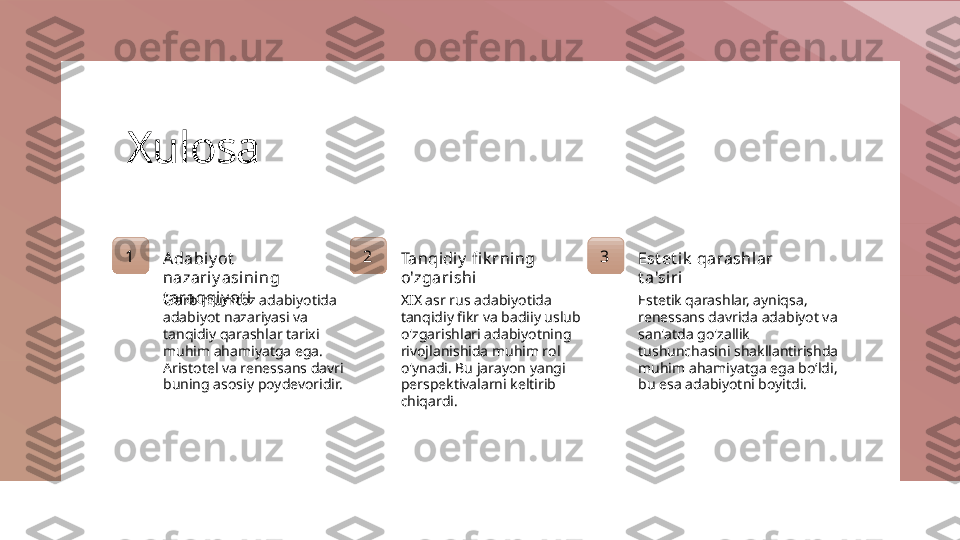 Xulosa
1
Adabiy ot  
nazariy asini ng 
t araqqiy ot i
G‘arb mumtoz adabiyotida 
adabiyot nazariyasi va 
tanqidiy qarashlar tarixi 
muhim ahamiyatga ega. 
Aristotel va renessans davri 
buning asosiy poydevoridir. 2
Tanqidiy  fi k rning 
o'zgarishi
XIX asr rus adabiyotida 
tanqidiy fikr va badiiy uslub 
o'zgarishlari adabiyotning 
rivojlanishida muhim rol 
o'ynadi. Bu jarayon yangi 
perspektivalarni keltirib 
chiqardi. 3
Est et ik  qarashl ar 
t a'siri
Estetik qarashlar, ayniqsa, 
renessans davrida adabiyot va 
san'atda go'zallik 
tushunchasini shakllantirishda 
muhim ahamiyatga ega bo‘ldi, 
bu esa adabiyotni boyitdi. 