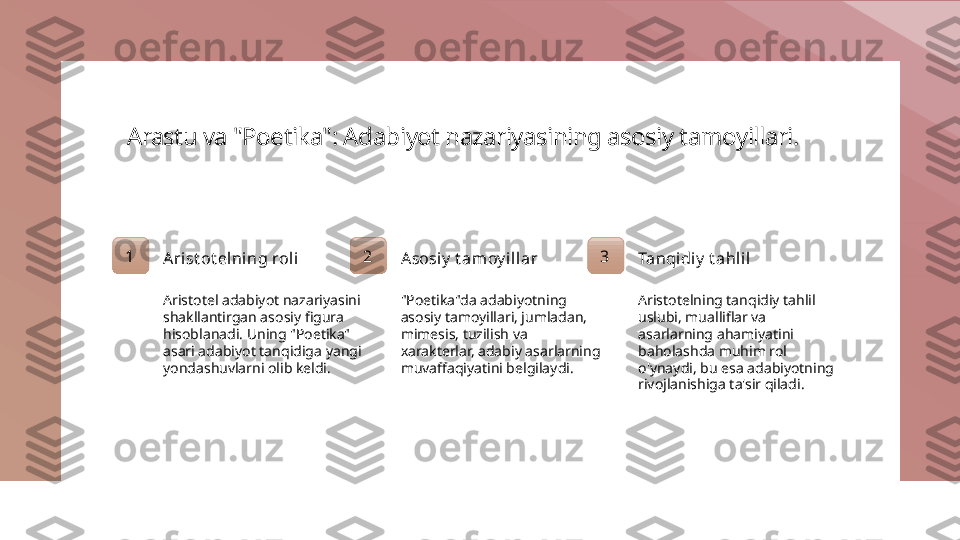 Arastu va "Poetika": Adabiyot nazariyasining asosiy tamoyillari.
1
Arist ot elning roli
Aristotel adabiyot nazariyasini 
shakllantirgan asosiy figura 
hisoblanadi. Uning "Poetika" 
asari adabiyot tanqidiga yangi 
yondashuvlarni olib keldi. 2
Asosiy  t amoy i llar
"Poetika"da adabiyotning 
asosiy tamoyillari, jumladan, 
mimesis, tuzilish va 
xarakterlar, adabiy asarlarning 
muvaffaqiyatini belgilaydi. 3
Tanqidiy  t ahlil
Aristotelning tanqidiy tahlil 
uslubi, mualliflar va 
asarlarning ahamiyatini 
baholashda muhim rol 
o'ynaydi, bu esa adabiyotning 
rivojlanishiga ta'sir qiladi. 