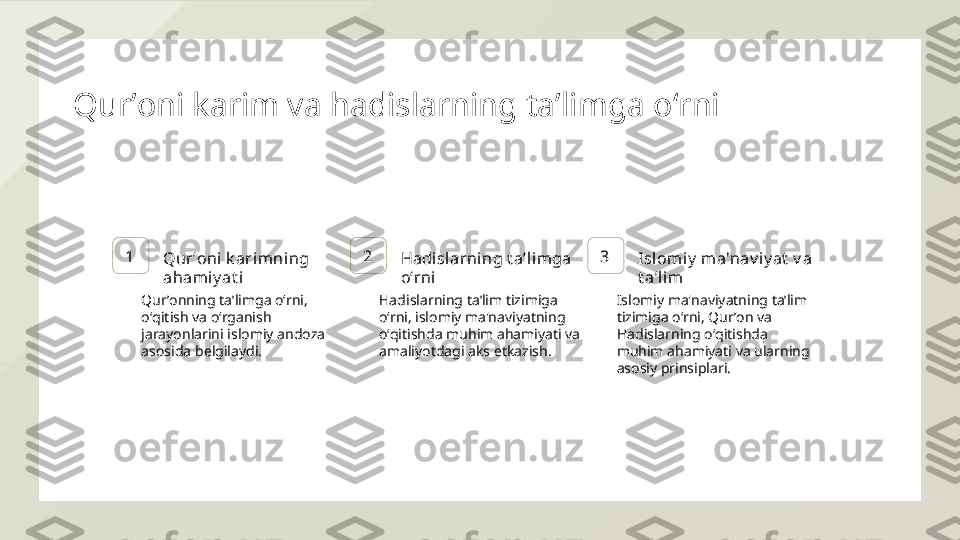 Qurʼoni karim va hadislarning taʼlimga oʻrni
1
Qurʼoni k arimni ng 
ahami y at i 2
Hadisl arning t aʼlimga 
oʻrni 3
Isl omiy  m a'nav i y at  v a 
t aʼli m
Qurʼonning taʼlimga oʻrni, 
oʻqitish va oʻrganish 
jarayonlarini islomiy andoza 
asosida belgilaydi. Hadislarning taʼlim tizimiga 
oʻrni, islomiy ma'naviyatning 
oʻqitishda muhim ahamiyati va 
amaliyotdagi aks etkazish. Islomiy ma'naviyatning taʼlim 
tizimiga oʻrni, Qurʼon va 
Hadislarning oʻqitishda 
muhim ahamiyati va ularning 
asosiy prinsiplari.  