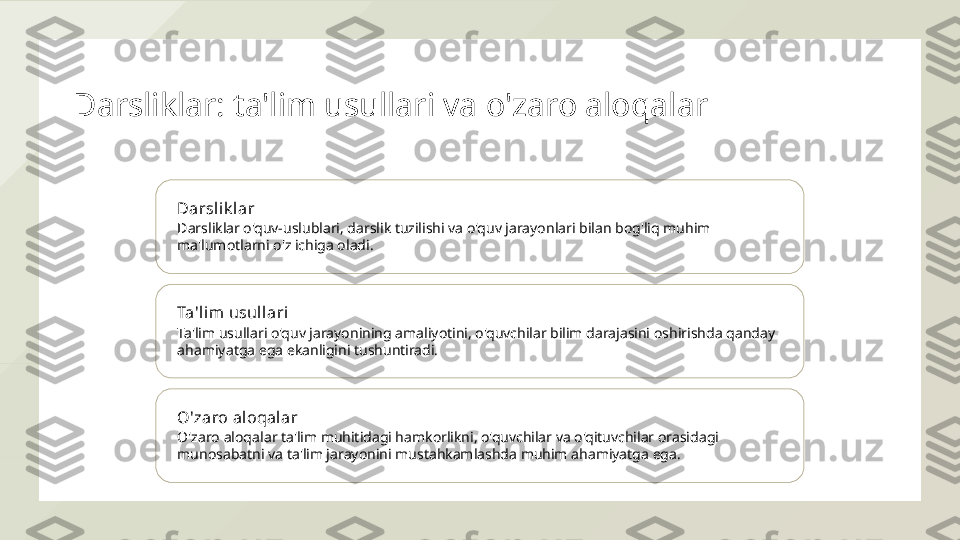 Darsliklar: ta'lim usullari va o'zaro aloqalar
Darslik l ar
Darsliklar o'quv-uslublari, darslik tuzilishi va o'quv jarayonlari bilan bog'liq muhim 
ma'lumotlarni o'z ichiga oladi.
Ta'lim usull ari
Ta'lim usullari o'quv jarayonining amaliyotini, o'quvchilar bilim darajasini oshirishda qanday 
ahamiyatga ega ekanligini tushuntiradi.
O'zaro aloqal ar
O'zaro aloqalar ta'lim muhitidagi hamkorlikni, o'quvchilar va o'qituvchilar orasidagi 
munosabatni va ta'lim jarayonini mustahkamlashda muhim ahamiyatga ega.  