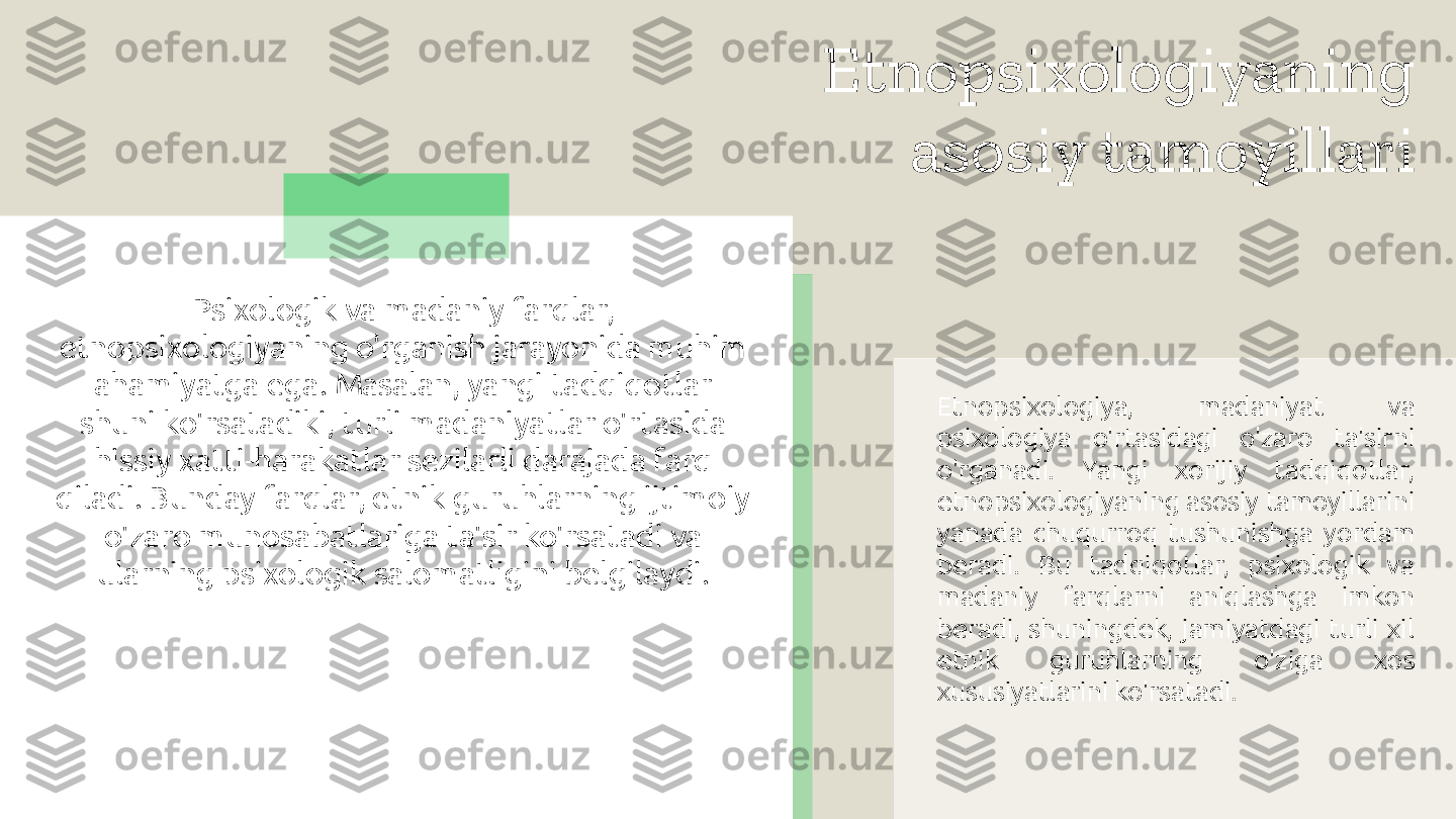 Etnopsixologiyaning 
asosiy tamoyillari
Etnopsixologiya,  madaniyat  va 
psixologiya  o'rtasidagi  o'zaro  ta'sirni 
o'rganadi.  Yangi  xorijiy  tadqiqotlar, 
etnopsixologiyaning asosiy tamoyillarini 
yanada  chuqurroq  tushunishga  yordam 
beradi.  Bu  tadqiqotlar,  psixologik  va 
madaniy  farqlarni  aniqlashga  imkon 
beradi,  shuningdek,  jamiyatdagi  turli  xil 
etnik  guruhlarning  o'ziga  xos 
xususiyatlarini ko'rsatadi.Psixologik va madaniy farqlar, 
etnopsixologiyaning o'rganish jarayonida muhim 
ahamiyatga ega. Masalan, yangi tadqiqotlar 
shuni ko'rsatadiki, turli madaniyatlar o'rtasida 
hissiy xatti-harakatlar sezilarli darajada farq 
qiladi. Bunday farqlar, etnik guruhlarning ijtimoiy 
o'zaro munosabatlariga ta'sir ko'rsatadi va 
ularning psixologik salomatligini belgilaydi.  