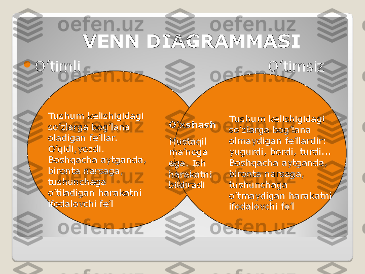 VENN DIAGRAMMASIVENN DIAGRAMMASI

O’timli    O’timsiz
Tushum kelishigidagi 
so’zlarga bog’lana 
oladigan fe’llar.  
O’qidi,yozdi. 
Boshqacha aytganda, 
bironta narsaga, 
tushunchaga 
o’tiladigan harakatni 
ifodalovchi fe’l  Tushum kelishigidagi 
so’zlarga bog’lana 
olmaydigan fe’llardir: 
yugurdi, bordi, turdi... 
Boshqacha aytganda, 
bironta narsaga, 
tushunchaga 
o’tmaydigan harakatni 
ifodalovchi fe’l O’xshash  
Mustaqil 
ma’noga 
ega. Ish 
harakatni 
bildiradi  