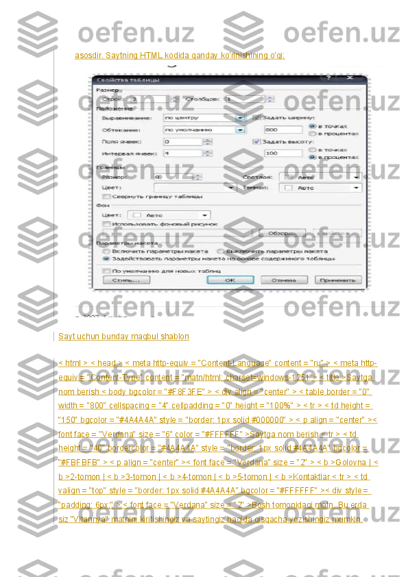 asosdir. Saytning HTML kodida qanday ko'rinishining o'qi:
Sayt uchun bunday maqbul shablon
< html > < head > < meta http-equiv = "Content-Language" content = "ru" > < meta http-
equiv = "Content-Type" content =   "matn/html; charset=windows-1251"> < title >Saytga 
nom berish   < body bgcolor = "#F8F3FE" > < div align = "center" > < table border = "0" 
width = "800" cellspacing = "4" cellpadding = "0" height = "100%" > < tr > < td height = 
"150" bgcolor = "#4A4A4A" style = "border: 1px solid #000000" > < p align = "center" ><
font face = "Verdana" size = "6" color = "#FFFFFF" >Saytga nom berish   < tr > < td 
height = "40" bordercolor = "#4A4A4A" style = "border: 1px solid #4A4A4A" bgcolor = 
"#FBFBFB" > < p align = "center" >< font face = "Verdana" size = "2" > < b >Golovna   | <
b >2-tomon   | < b >3-tomon   | < b >4-tomon   | < b >5-tomon   | < b >Kontaktlar   < tr > < td 
valign = "top" style = "border: 1px solid #4A4A4A" bgcolor = "#FFFFFF" >< div style = 
"padding: 6px;" > < font face = "Verdana" size = "2" >Bosh tomonidagi matn. Bu erda 
siz "Vitannya" matnini kiritishingiz va saytingiz haqida qisqacha yozishingiz mumkin. 