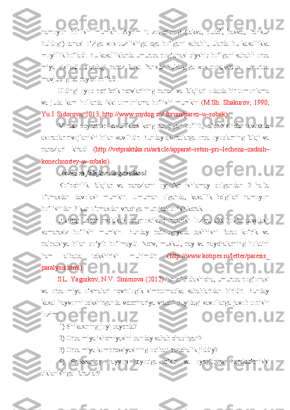 namoyon   bo‘lishi   mumkin.   Ayrim   it   zotlarining   (taksa,   pudel,   basset,   fransuz
buldogi)   tanasi   o‘ziga   xos   tuzilishiga   ega   bo‘lgani   sababli,   ularda   bu   kasallikka
moyillik bo‘ladi. Bu kasalliklarda umurtqa pog‘onasi qiyshiq bo‘lgani sababli orqa
miya   qisiladi.   Itlardagi   parez   faqat   fransuz   buldogiga   xos   ponasimon     umurtqa
mavjudligida paydo bo‘ladi.
Oldingi oyoq periferik nervlarining parezi va falajlari odatda bir tomonlama
va   juda   kam   hollarda   ikki   tomonlama   bo‘lishi   mumkin   (M.Sh.   Shakurov,   1990;
Yu.I. Sidorova, 2013;   http://www.mydog.su/ forum/parez–u–sobak) .
Virusli  neyrotrop kasalliklari  keng tarqalgan bo‘lib,   ular  birinchi  navbatda
asoratlar rivojlanishi bilan xavflidir. Bunday asoratlarga orqa oyoqlarning falaji va
parezlari   kiradi   (http://vetpraktika.ru/article/apparat–reton–pri–lechenii–zadnih–
konechnostey–u–sobaki) .  
  Parez va falajlar diagnostikasi
Ko‘pchilik   falajlar   va   parezlarni   oyoqlar   ishlamay   qolgandan   2   hafta
o‘tmasdan   davolash   mumkin.   Umuman   olganda,   kasallik   belgilari   namoyon
bo‘lishidan 3 kun o‘tmasdan vrachga murojaat qilish kerak. 
Buning   uchun   malakali   diagnostikani   bajarish   lozim,   aks   holda   davolash
samarasiz   bo‘lishi   mumkin.   Bunday   patologiyada   tashhisni   faqat   ko‘rik   va
palpatsiya   bilan   qo‘yib   bo‘lmaydi.   Nerv,   muskul,   pay   va   paychalarning   holatini
ham   albatta   tekshirish   muhimdir   (http://www.kotipes.ru/letter/paresis_
paralysis.html). 
S.L. Yagnikov, N.V. Smirnova (2012)   lar ta’qidlashicha, umurtqa pog‘onasi
va   orqa   miya   o‘smalari   nevrologik   simptomatika   sabablaridan   biridir.   Bunday
kasal  hayvonni tekshirganda veterinariya vrachi quyidagi savollarga javob topishi
lozim:
1) Shikastning joyi qayerda?
2) Orqa miya ishemiyasini qanday sabab chaqirgan?
3)  Orqa miya kompressiyasining oqibati qanchalik jiddiy ?
4)   Shikastning   hayvon   hayotiga   ta’siri   va   oyog‘ining   harakatlanishi
tiklanishiga  farazlar ? 