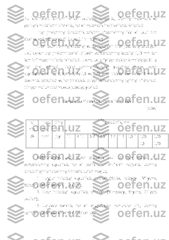 Bu   koeffitsient   konlarni   ishlash   usullarini   tanlashda,   ularning   matematik   va
geologik modellarini to’zishda, har xil matematik hisoblashlarda ishlatiladi.
Tog`   jinslarining   donadorlik   tarkibini   o’rganishning   ikki   xil   usuli   bor:
elash va sedimentatsiya. (1.1 a va 1.1 b - rasmlar).
Elash usuli o’zining soddaligi va tez bajarilishi bilan juda keng tarqalgan.
Usul  asosan  tog`  jinslarini  tashkil  qiluvchi  zarrachalarning kattaligi  0,05 mm  dan
kam bo’lmagan hollarda ishlatiladi. Ustma-ust qo’yilgan elaklar komplektiga 50  g
tog`   jinsi   solinadi.   Elaklar   turining   kattaligi   yuqoridan   pastga   qarab
quyidagichadir:   10;   7;   5;   3;   2;   1;   0,5   va   0,25   mm.   Elaklar   komplekti   15   minut
davomida tebratiladi va har bir elakda qolgan zarrachalarning og`irligi o’lchanadi.
Olingan ma'lumotlar maxsus jadvalga yoziladi.
Donadorlikni elash usuli orqali aniqlash
  jadval
Taj-
riba Tog`
jinsi Oling
an Donadorlik, mm  
№ nomi joyi 10 7-10 5-7 3-5 2-3 1-2 0,5-1 0,25-
0,5 0,25-
0,25
Sedimentatsiya   usuli   ba'zan   gidravlik   usul   deb   ham   ataladi.   Bu
zarrachalarning   suyuqlikda   har   xil   tezlik   bilan   cho’kishi   natijasida   ularning
donadorligini aniqlashning bir necha turlari mavjud;
1.   Turg`un   holatdagi   suyuqlikda   aniqlash   (Stoks,   Fadeyev   -   Vilyams,
Sabanin, Osborn va AzNII usullari);
2.   Oqar   holatdagi   suyuqlikda   aniqlash   (Konetskiy,   Shyone,   Gil'gard
usullari);
3.   Uzluksiz   ravishda   har   xil   chuqurlikdan   namunalar   olib,   ularning
og`irligini, gidrostatik bosimini aniqlash usuli. 