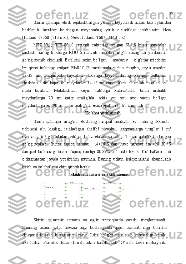 20
Shirin   qalampir   ekish   rejalashtirilgan   yerlarni   tayyorlash   ishlari   kuz   oylaridan
boshlanib ,   hosildan   bo ’ shagan   maydondagi   yirik   o ’ simliklar   qoldiqlarini   New
Holland   T 7060   (213   o . k .),   New   Holland   T 6070   (140   o . k ),
MTZ -80,1,   TTZ -80.10   rusumli   traktoriga   osilgan   SI -1,8   bilan   maydalab
sochish ,   so ’ ng   traktorga   ROU -6   rusumli   mahalliy   o ’ g ’ it   sochg ’ ich   yordamida
go ’ ng   sochib   chiqiladi .   Berilishi   lozim   bo ’ lgan    madaniy	    o ’ g ’ itlar   miqdorini
bir   qismi   traktorga   osilgan   RMU -0,75   moslamada   sochib   chiqilib ,   keyin   maydon
28-35   sm   chuqurlikda   haydaladi .   Ekishga   tayyorlashning   keyingi   tadbirlari
ekishdan   oldin   bajarilib ,   maydonlar   14-16   sm   chuqurlikda   chizellab   chiqiladi   va
mola   bosiladi .   Molalashdan   keyin   traktorga   kultivatorlar   bilan   nishabli
maydonlarga   70   sm   qator   oralig ’ ida ,   tekis   yer   osti   suvi   yaqin   bo ’ lgan
maydonlarga   esa  90  sm   qator   oralig ’ ida   ekish   egatlari   tortib   chiqiladi .
Ko’chat  yetishtirish
Shirin   qalampir   urug ’ ini   ekishning   maqbul   muddati   fev -   ralning   ikkinchi -
uchinchi   o ’ n   kunligi ,   isitiladigan   shaffof   plyonkali   issiqxonalarga   urug ’ lar   1   m 2
maydonga   6-7   g   hisobidan   ivitilgan   holda   ekiladi   va   ustiga   2-3   sm   qalinlikda   chirigan
go ’ ng   sepiladi .   Bunda   tuproq   harorati   +14+16°S   dan,   havo   harorati   esa   +28+30   °S
dan   past   bo’lmasligi   lozim.   Tuproq   namligi   80-85%   bo’-   lishi   kerak.   Ko’chatlarni   olib
o’tkazmasdan   joyida   yetishtirish   mumkin.   Buning   uchun   issiqxonalarni   shamollatib
turish   va   ko’chatlarni  chiniqtirish   kerak.	
Ekish
 	muddatlari  	va  	ekish  	sxemasi	
Shirin   qalampir   sernam   va   og’ir   tuproqlarda   yaxshi  	rivojlanmaydi.	
Shuning	 uchun	 yalpi	 mevasi	 tuga	 boshlaganda  	qator	 oralatib	 iloji	 boricha	
chuqur	 ariqlar	 olib	 sug’orish  	zarur.	 Ildiz	 bo’g’zi	 namlanib	 ketmasligi	 kerak,	
aks	 holda   o’simlik   ildizi   chirish   bilan   kasallanadi.   O’sish   davri   mobaynida 