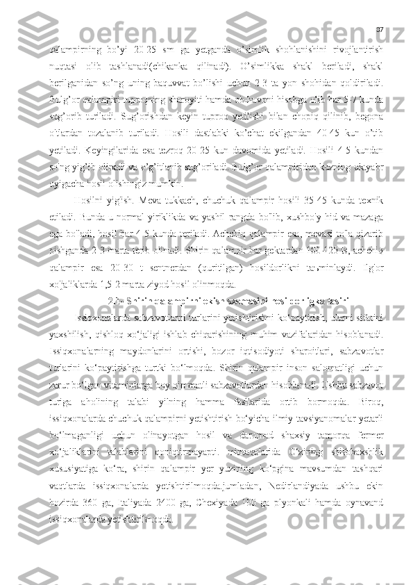 37
qalampirning   bo’yi   20-25   sm   ga   yetganda   o’simlik   shohlanishini   rivojlantirish
nuqtasi   olib   tashlanadi(chikanka   qilinadi).   O’simlikka   shakl   beriladi,   shakl
berilganidan   so’ng   uning   baquvvat   bo’lishi   uchun   2-3   ta   yon   shohidan   qoldiriladi.
Bulg’or qalampiri tuproqning sharoyiti hamda ob-havoni hisobga olib har 5-7 kunda
sug’orib   turiladi.   Sug’orishdan   keyin   tuproq   yetilishi   bilan   chopiq   qilinib,   begona
o'tlardan   tozalanib   turiladi.   Hosili   dastlabki   ko’chat   ekilgandan   40-45   kun   o’tib
yetiladi.   Keyingilarida   esa   tezroq   20-25   kun   davomida   yetiladi.   Hosili   4-5   kundan
so'ng yig’ib olinadi va o’g’itlanib sug’oriladi. Bulg’or qalampiridan kuzning oktyabr
oyigacha hosil olishingiz mumkin.
Hosilni   yig'ish.   Meva   tukkach,   chuchuk   qalampir   hosili   35-45   kunda   texnik
etiladi.   Bunda   u   normal   yiriklikda   va   yashil   rangda   bo'lib,   xushbo'y   hid   va   mazaga
ega  bo'ladi, hosil  har  4-5  kunda teriladi. Achchiq  qalampir  esa,   mevasi   to'la  qizarib
pishganda 2-3 marta terib olinadi. Shirin qalampir har gektardan 100-120 ts, achchiq
qalampir   esa   20-30   t   sentnerdan   (quritilgan)   hosildorlikni   taъminlaydi.   Ilg'or
xo'jaliklarda 1,5-2 marta ziyod hosil olinmoqda.
2 .1 -  Shirin qalampirni ekish sxemasini hosildorligka tasiri
Issiqxonalarda sabzavotlarni  turlarini yetishtirishni  ko‘paytirish, ularni sifatini
yaxshilish,   qishloq   xo‘jaligi   ishlab   chiqarishining   muhim   vazifalaridan   hisoblanadi.
Issiqxonalarning   maydonlarini   ortishi,   bozor   iqtisodiyoti   sharoitlari,   sabzavotlar
turlarini   ko‘paytirishga   turtki   bo‘lmoqda.   Shirin   qalampir   inson   salomatligi   uchun
zarur bo‘lgan vitaminlarga boy qimmatli sabzavotlardan hisoblanadi. Ushbu sabzavot
turiga   aholining   talabi   yilning   hamma   fasllarida   ortib   bormoqda.   Biroq,
issiqxonalarda chuchuk qalampirni yetishtirish bo‘yicha ilmiy tavsiyanomalar yetarli
bo‘lmaganligi   uchun   olinayotgan   hosil   va   daromad   shaxsiy   tamorqa   fermer
xo‘jaliklarini   talablarini   qoniqtirmayapti.   mintaqalarida   O‘zining   shifobaxshlik
xususiyatiga   ko‘ra,   shirin   qalampir   yer   yuzining   ko‘pgina   mavsumdan   tashqari
vaqtlarda   issiqxonalarda   yetishtirilmoqda.jumladan,   Nedirlandiyada   ushbu   ekin
hozirda   360   ga,   Italiyada   2400   ga,   Chexiyada   100   ga   plyonkali   hamda   oynavand
issiqxonalarda yetishtirilmoqda.   