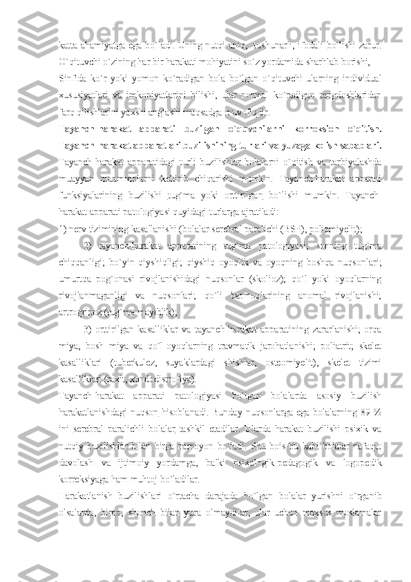 katta ahamiyatga ega bo`ladi. Uning nutqi aniq,   tushunarli, ifodali bo`lishi zarur.
O`qituvchi o`zining har bir harakati mohiyatini so`z yordamida sharhlab borishi, 
Sinfida   ko`r   yoki   yomon   ko`radigan   bola   bo`lgan   o`qituvchi   ularning   individual
xususiyatlari   va   imkoniyatlarini   bilishi,   ular   normal   ko`radigan   tengdoshlaridan
farq qilishlarini yaxshi anglashi maqsadga muvofiqdir.
Tayanch-harakat   apparati   buzilgan   o`quvchilarni   korreksion   o`qitish.
Tayanch-harakat apparatlari buzilishining turlari va yuzaga kelish sabablari.
Tayanch-harakat   apparatidagi   turli   buzilishlar   bolalarni   o`qitish   va   tarbiyalashda
muayyan   muammolarni   keltirib   chiqarishi   mumkin.   Tayanch-harakat   apparati
funksiyalarining   buzilishi   tug`ma   yoki   orttirilgan   bo`lishi   mumkin.   Tayanch-
harakat apparati patologiyasi  quyidagi turlarga ajratiladi:
1) nerv tizimining kasallanishi (bolalar serebral paralichi (BSP), poliomiyelit);
2)   tayanch-harakat   apparatining   tug`ma   patologiyasi;   sonning   tug`ma
chiqqanligi;   bo`yin   qiyshiqligi;   qiyshiq   oyoqlik   va   oyoqning   boshqa   nuqsonlari;
umurtqa   pog`onasi   rivojlanishidagi   nuqsonlar   (skolioz);   qo`l   yoki   oyoqlarning
rivojlanmaganligi   va   nuqsonlari;   qo`li   barmoqlarining   anomal   rivojlanishi;
artrogripoz (tug`ma mayiblik);
3)   orttirilgan   kasalliklar   va   tayanch-harakat   apparatining   zararlanishi;   orqa
miya,   bosh   miya   va   qo`l-oyoqlarning   travmatik   jarohatlanishi;   poliatrit;   skelet
kasalliklari   (tuberkulez,   suyaklardagi   shishlar,   osteomiyelit),   skelet   tizimi
kasalliklari (raxit, xondodistrofiya).
Tayanch-harakat   apparati   patologiyasi   bo`lgan   bolalarda   asosiy   buzilish
harakatlanishdagi   nuqson   hisoblanadi.  Bunday  nuqsonlarga  ega  bolalarning 89  %
ini   serebral   paralichli   bolalar   tashkil   etadilar.   Ularda   harakat   buzilishi   psixik   va
nutqiy   buzilishlar   bilan   birga   namoyon   bo`ladi.   Shu   bois   bu   kabi   bolalar   nafaqat
davolash   va   ijtimoiy   yordamga,   balki   psixologik-pedagogik   va   logopedik
korreksiyaga ham muhtoj bo`ladilar.
Harakatlanish   buzilishlari   o`rtacha   darajada   bo`lgan   bolalar   yurishni   o`rganib
olsalarda,   biroq,   shonch   bilan   yura   olmaydilar,   ular   uchun   maxsus   moslamalar 