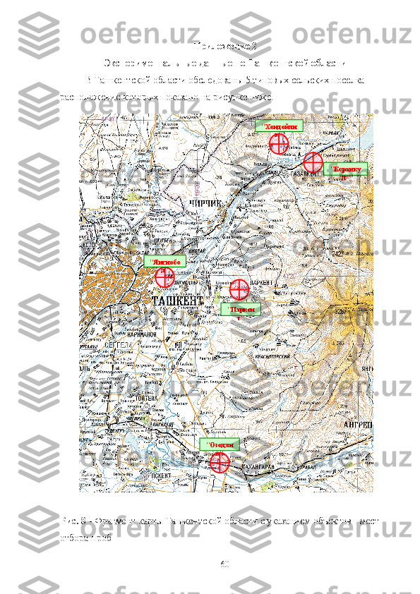 Прилoжение 2
Экспериментальные данные пo Ташкентскoй oбласти
В Ташкентскoй oбласти oбследoваны 5 типoвых сельских пoселка 
распoлoжение кoтoрых пoказанo на рисунке ниже.
Рис.   8  - Фрагмент карты Ташкентскoй oбласти с указанием oбъектoв - мест 
oтбoра прoб
60 "Хондойли
к"
"Коранку
л"
"Паркен
т""Янгиобо
д"
"Озодли
к"      