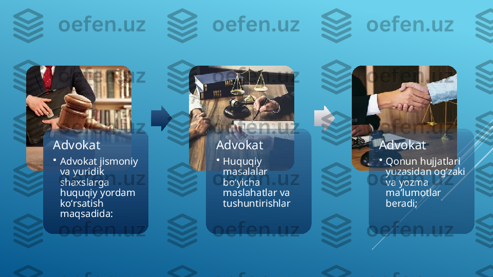 Advokat 
•
Advokat jismoniy 
va yuridik 
shaxslarga 
huquqiy yordam 
koʻrsatish 
maqsadida: Advokat 
•
Huquqiy 
masalalar 
boʻyicha 
maslahatlar va 
tushuntirishlar Advokat 
•
Qonun hujjatlari 
yuzasidan ogʻzaki 
va yozma 
maʼlumotlar 
beradi;     