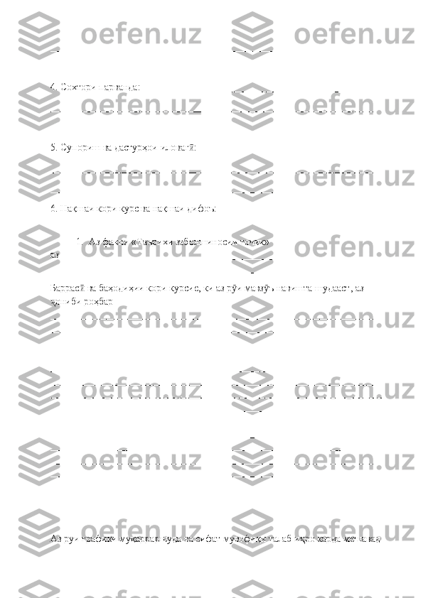 _________________________________________________________________
_________________________________________________________________
4. Сохтори парванда: _______________________________________________
_________________________________________________________________
_________________________________________________________________
5. Супориш ва дастурҳои иловаг : ___________________________________ӣ
_________________________________________________________________
_________________________________________________________________
6. Нақшаи кори курс ва нақшаи дифоъ: 
1. Аз фанни «Таърихи забоншиносии точик»
аз _______________________________________________________
___________________________________________________________
Баррас  ва баҳодиҳии кори курсие, ки аз р и мавз ъ навишта шудааст, аз 	
ӣ ӯ ӯ
ониби роҳбар 	
ҷ
___________________________________________________________________
___________________________________________________________________
___________________________________________________________________
___________________________________________________________________
___________________________________________________________________
___________________________________________________________________
___________________________________________________________________
___________________________________________________________________
___________________________________________________________________
___________________________________________________________________
___________________________________________________________________
___________________________________________________________________
___________________________________________________________________
___________________________________________________________________
____________________________________________________
Аз руи графики му қ арраршуда ва сифат мувофи қ и талаб и ҷ ро карда мешавад  