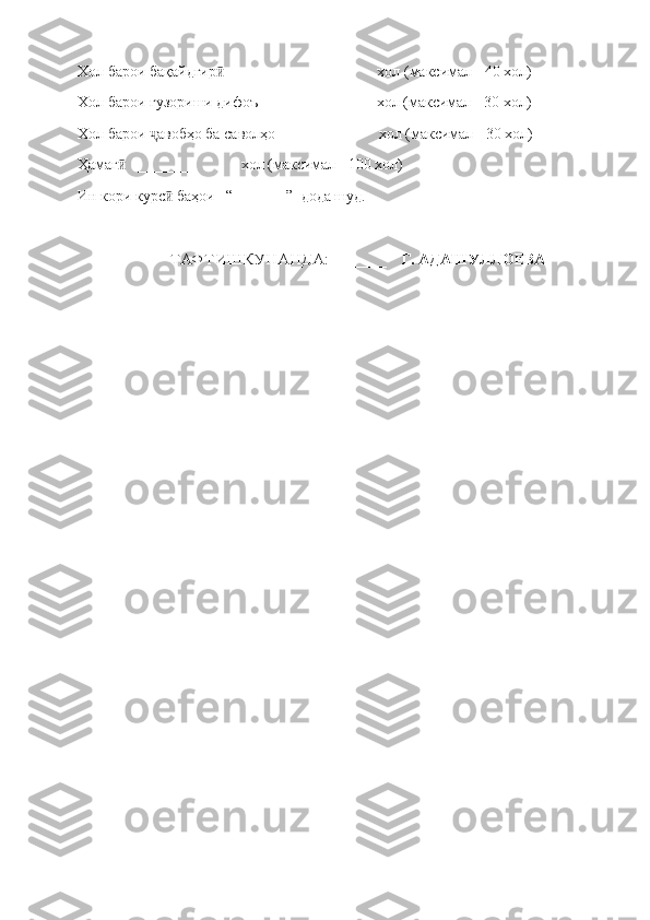 Хол барои бақайдгир              _______             хол (максимал - 40 хол) ӣ
Хол барои гузориши дифоъ       _______          хол (максимал - 30 хол) 
Хол барои  авобҳо ба саволҳо     ______          хол (максимал - 30 хол) 	
ҷ
Ҳамаг    _______             хол (максимал - 100 хол) 	
ӣ
Ин кори курс  баҳои   “_______”  дода шуд. 	
ӣ
                ТАФТИШКУНАНДА :  _______      Г.  АДАШУЛЛОЕВА 