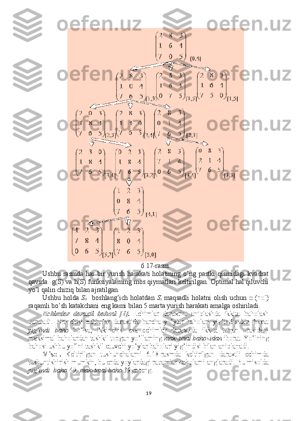 6.17-rasm.
Ushbu  rasmda   har  bir   yurish   harakati   holatining  o’ng  pastki   qismidagi  kvadrat
qavsda   g ( S ) va  h ( S ) funksiyalarning mos qiymatlari keltirilgan .  Optimal hal qiluvchi
yo’l qalin chiziq bilan ajratilgan.  
Ushbu  holda   S
0       boshlang’ich  holatdan   S
t   maqsadli  holatni   olish  uchun   o   (nol)
raqamli bo’sh katakchani eng kami bilan 5 marta yurish harakati amalga oshiriladi.
Echimlar   daraxti   bahosi   [1].   Echimlar   daraxtini   aniqlashda   ikkita   baholash
qaraladi.   Birinchisi   echimlar   daraxtida   barcha   yo’ylar   baholari   yig’indisidan   iborat
yig’indi   baho   bo’lsa,   ikkinchisi   esa   echimlar   daraxtida   ikkita   tugun   orasidagi
maksimal baholardan tashkil topgan yo’llarning  maksimal bahosidan  iborat. Yo’lning
bahosi ushbu yo’lni tashkil etuvchi yo’ylar baholari yig’indisi bilan aniqlanadi.   
Misol.   Keltirilgan   tushunchalarni   6.18-rasmda   keltirilgan   daraxtli   echimda
tushuntishirish mumkin, bu erda yoylardagi raqamlar baholarni anglaradi.   Bu misolda
yig’indi  baho  49 , maksimal baho 39 ga teng.
19 