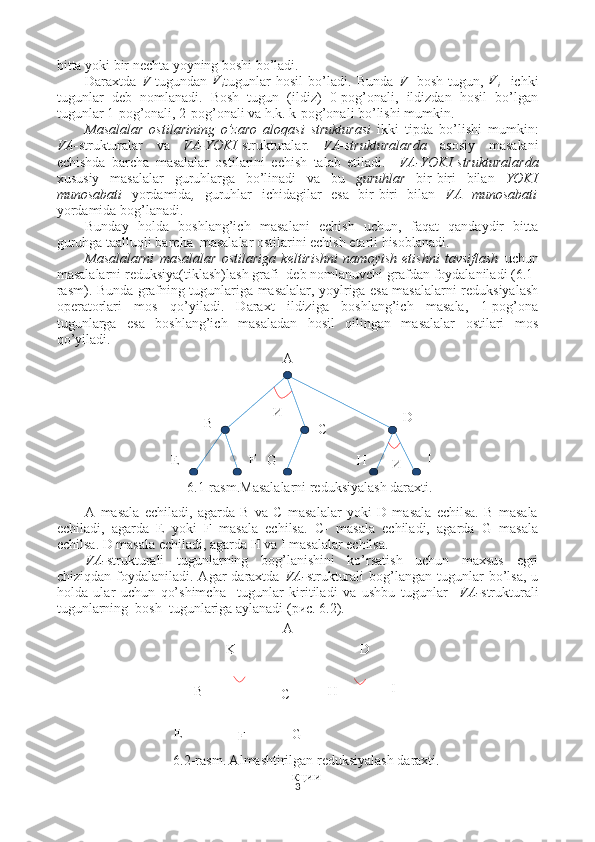 A
И
В
Е F
G C D
H I
И
6.1-rasm.Masalalarni reduksiyalash daraxti.
G
FE H IDA
K
B
C
6.2-rasm. Almashtirilgan reduksiyalash daraxti. 
кцииbitta yoki bir nechta yoyning boshi bo’ladi.
Daraxtda   V   tugundan  Vi tugunlar   hosil   bo’ladi.   Bunda   V -   bosh   tugun,  	Vi -   ichki
tugunlar   deb   nomlanadi.   Bosh   tugun   (ildiz)   0-pog’onali,   ildizdan   hosil   bo’lgan
tugunlar 1-pog’onali, 2-pog’onali va h.k. k-pog’onali bo’lishi mumkin.   
Masalalar   ostilarining   o’zaro   aloqasi   strukturasi   ikki   tipda   bo’lishi   mumkin:
VA- strukturalar   va   VA-YOKI -strukturalar.   VA-strukturalarda   asosiy   masalani
echishda   barcha   masalalar   ostilarini   echish   talab   etiladi.     VA-YOKI - strukturalarda
xususiy   masalalar   guruhlarga   bo’linadi   va   bu   guruhlar   bir-biri   bilan   YOKI
munosabati   yordamida ,   guruhlar   ichidagilar   esa   bir-biri   bilan   VA   munosabati
yordamida bog’lanadi. 
Bunday   holda   boshlang’ich   masalani   echish   uchun,   faqat   qandaydir   bitta
guruhga taalluqli barcha  masalalar ostilarini echish etarli hisoblanadi.  
Masalalarni   masalalar   ostilariga   keltirishni   namoyish   etishni   tavsiflash   uchun
masalalarni reduksiya(tiklash)lash grafi  deb nomlanuvchi grafdan foydalaniladi (6.1-
rasm). Bunda grafning tugunlariga masalalar, yoylriga esa masalalarni reduksiyalash
operatorlari   mos   qo’yiladi.   Daraxt   ildiziga   boshlang’ich   masala,   1-pog’ona
tugunlarga   esa   boshlang’ich   masaladan   hosil   qilingan   masalalar   ostilari   mos
qo’yiladi.
A   masala   echiladi,   agarda   B   va   C   masalalar   yoki   D   masala   echilsa.   B   masala
echiladi,   agarda   E   yoki   F   masala   echilsa.   C-   masala   echiladi,   agarda   G   masala
echilsa. D masala echiladi, agarda H va I masalalar echilsa.
VA- strukturali   tugunlarning   bog’lanishini   ko’rsatish   uchun   maxsus   egri
chiziqdan  foydalaniladi.  Agar   daraxtda   VA- strukturali  bog’langan  tugunlar   bo’lsa,   u
holda   ular   uchun   qo’shimcha     tugunlar   kiritiladi   va   ushbu   tugunlar     VA- strukturali
tugunlarning  bosh  tugunlariga aylanadi ( рис . 6.2).
3 