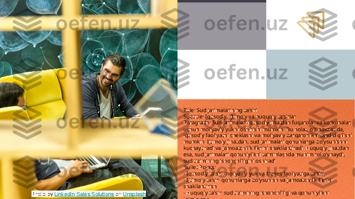 Title: Sud jarimalarining ta'siri
Subtitle: Iqtisodiy, ijtimoiy va huquqiy ta'sirlar
Paragraph: Sud jarimalari iqtisodiy jihatdan fuqarolar va korxonalar 
uchun moliyaviy yukni oshirishi mumkin. Bu holat, o'z navbatida, 
iqtisodiy faoliyatni cheklashi va moliyaviy barqarorlikni tahdid qilishi 
mumkin. Ijtimoiy jihatdan, sud jarimalari qonunlarga bo'ysunishni 
kuchaytiradi va jamoatchilik fikrini shakllantiradi. Huquqiy jihatdan 
esa, sud jarimalari qonuniylikni ta'minlashda muhim rol o'ynaydi, 
sud tizimining ishonchliligini oshiradi.
Bullet Points:
- Iqtisodiy ta'sir: moliyaviy yuk va biznes faoliyatiga ta'siri
- Ijtimoiy ta'sir: qonunlarga bo'ysunish va jamoatchilik fikrini 
shakllantirish
- Huquqiy ta'sir: sud tizimining ishonchliligi va qonuniylikni 
ta'minlash
- Jamiyatdagi roli: adolatni ta'minlash, fuqarolar huquqlarini himoya 
qilish, jamiyatda qonuniylikni kuchaytirishPhoto by  LinkedIn Sales Solutions  on  Unsplash 