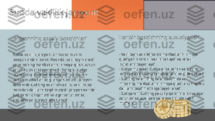 Sudda vakillik jarayoni
Sudda vakillik jarayoni bir necha muhim 
bosqichlardan iborat. Boshida, vakil tayinlanadi 
va mijozning manfaatlarini himoya qilish uchun 
zarur hujjatlar tayyorlanadi. So'ngra, sudga 
murojaat qilinadi va ishning ko'rib chiqilishi 
uchun muddatlar belgilangan bo'ladi. Jarayon 
davomida sud tinglovlari o'tkazilib, vakil mijoz 
nomidan dalillarni taqdim etadi. Jarayon oxirida 
sud qarori chiqariladi va agar zarur bo'lsa, 
apellyatsiya jarayoni boshlanadi. - Vakil tayinlash: Mijoz o'z manfaatlarini himoya 
qiladigan ishonchli vakilni tanlaydi va kerakli 
hujjatlarni tayyorlaydi.
- Sudga murojaat: Sudga ariza berish va ishning 
ko'rib chiqilishi uchun muddatlarni belgilash kerak.
- Sud tinglovlari: Tinglovlar davomida vakil 
mijozning manfaatlarini himoya qiladi, shuningdek, 
dalillarni taqdim etishga tayyorlanadi.
- Sud qarori: Sudning yakuniy qarorini olish va agar 
zarur bo'lsa, apellyatsiya jarayonini boshlash 
mumkin.Jarayonning asosiy bosqichlari Har bir bosqichning xususiyatlari 