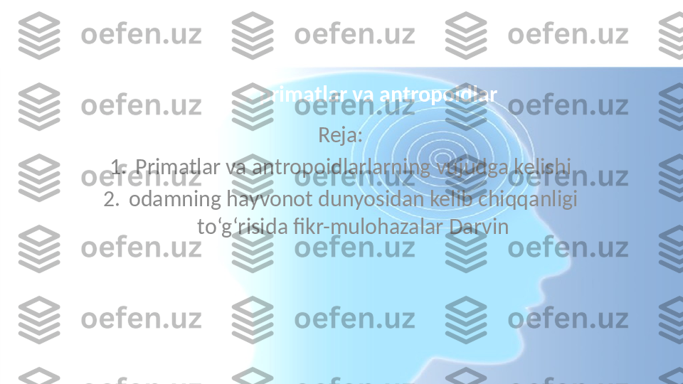 Mavzu: primatlar va antropoidlar
Reja:
1. Primatlar va antropoidlarlarning vujudga kelishi
2. odamning hayvonot dunyosidan kelib chiqqanligi 
to‘g‘risida fikr-mulohazalar Darvin 