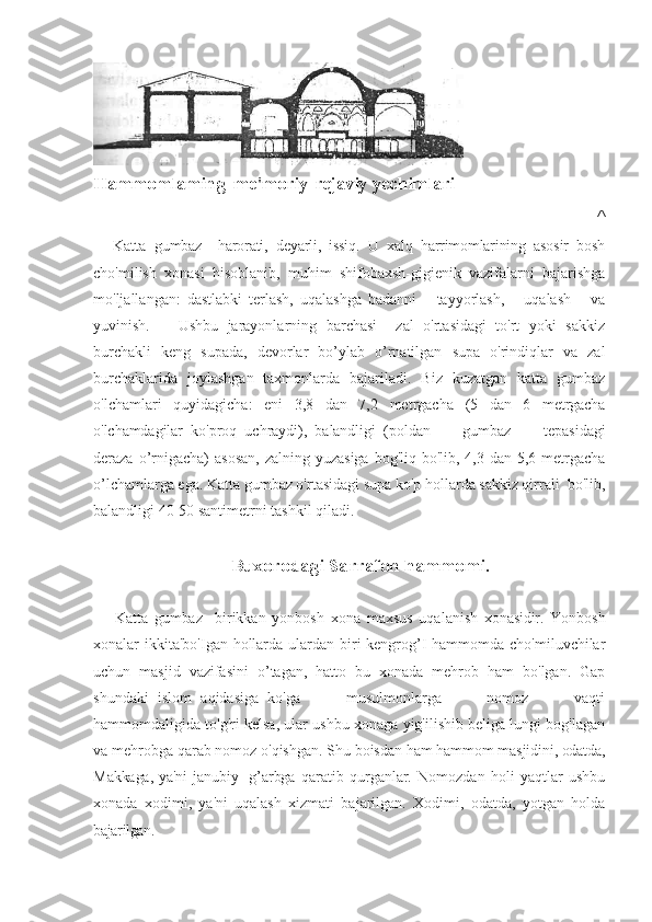 Hammomlaming    me'moriy-rejaviy yechimlari
^
Katta   g umbaz     harorati,   deyarli,   issiq.   U   xalq   harrimomlarining   asosir   bosh
cho'milish   xonasi   hisoblanib,   muhim   shifobaxsh-gigienik   vazifalarni   bajarishga
mo'ljallangan:   dastlabki   terlash,   uqalashga   badanni       tayyorlash,       uqalash       va
yuvinish.       Ushbu   jarayonlarning   barchasi     zal   o'rtasidagi   to'rt   yoki   sakkiz
burchakli   keng   supada,   devorlar   bo’ylab   o’rnatilgan   supa   o'rindiqlar   va   zal
burchaklarida   joylashgan   taxmonlarda   bajariladi.   Biz   kuzatgan   katta   gumbaz
o'lchamlari   quyidagicha:   eni   3,8   dan   7,2   metrgacha   (5   dan   6   metrgacha
o'lchamdagilar   ko'proq   uchraydi),   balandligi   ( poldan         gumbaz         tepasidagi
deraza o’rnigacha)  asosan,  zalning yuzasiga  bog'liq bo'lib, 4,3 dan 5,6 metrgacha
o’lchamlarga ega. Katta gumbaz o'rtasidagi supa ko'p hollarda sakkiz qirrali  bo'lib,
balandligi 40-50 santimetrni tashkil qiladi.
Buxorodagi Sarrafon hammomi.
Katta   g umbaz     birikkan   yonbosh   xona   maxsus   uqalanish   xonasidir.   Yonbosh
xonalar ikkita'bo'Igan hollarda ulardan biri kengrog’I  hammomda cho'miluvchilar
uchun   masjid   vazifasini   o’tagan,   hatto   bu   xonada   mehrob   ham   bo'lgan.   Gap
shundaki   islom   aqidasiga   ko'ga           musulmonlarga           nomoz           vaqti
hammomdaligida to'g'ri kelsa, ular ushbu xonaga yig'ilishib beliga lungi bog'lagan
va mehrobga qarab nomoz o'qishgan. Shu boisdan  ham hammom masjidini, odatda,
Makkaga,   ya'ni   janubiy-   g’arbga   qaratib   qurganlar.   Nomozdan   holi   yaqtlar   ushbu
xonada   xodimi,   ya'ni   uqalash   xizmati   bajarilgan.   Xodimi,   odatda,   yotgan   holda
bajarilgan. 