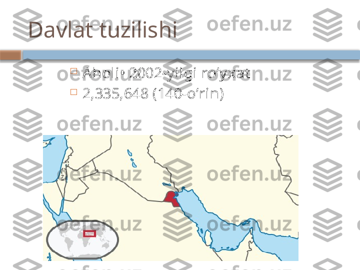 
Aholi• 2002-y ilgi roʻy xat

2,335,648 (140-oʻrin)Davlat tuzilishi    