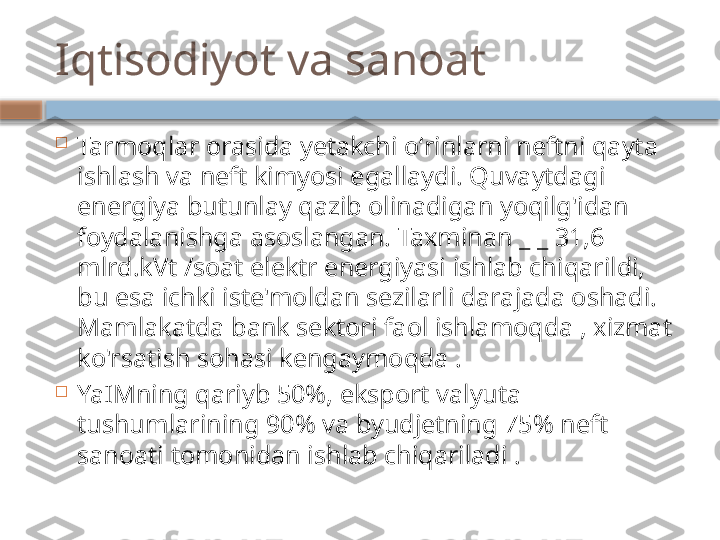 Iqtisodiyot va sanoat

Tarmoqlar orasida yetakchi oʻrinlarni neftni qayta 
ishlash va neft kimyosi egallaydi. Quvaytdagi 
energiya butunlay qazib olinadigan yoqilg'idan 
foydalanishga asoslangan. Taxminan _ _ 31,6 
mlrd.kVt /soat elektr energiyasi ishlab chiqarildi, 
bu esa ichki iste'moldan sezilarli darajada oshadi. 
Mamlakatda bank sektori faol ishlamoqda , xizmat 
ko'rsatish sohasi kengaymoqda .

YaIMning qariyb 50%, eksport valyuta 
tushumlarining 90% va byudjetning 75% neft 
sanoati tomonidan ishlab chiqariladi .    