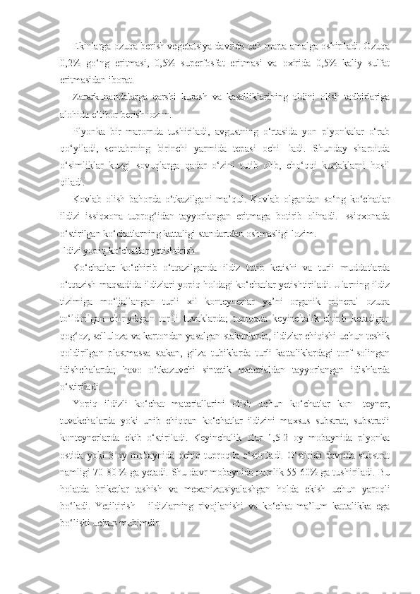 Ekinlarga ozuqa berish vegetatsiya davrida uch marta amalga oshiriladi. Ozuqa
0,2%   go‘ng   eritmasi,   0,5%   superfosfat   eritmasi   va   oxirida   0,5%   kaliy   sulfat
eritmasidan iborat.
Zararkunandalarga   qarshi   kurash   va   kasalliklarining   oldini   olish   tadbirlariga
alohida e’tibor berish lozim.
Plyonka   bir   maromda   tushiriladi,   avgustning   o‘rtasida   yon   plyonkalar   o‘rab
qo‘yiladi,   sentabrning   birinchi   yarmida   tepasi   ochi-   ladi.   Shunday   sharoitda
o‘simliklar   kuzgi   sovuqlarga   qadar   o‘zini   tutib   olib,   cho‘qqi   kurtaklarni   hosil
qiladi.
Kovlab   olish   bahorda   o‘tkazilgani   ma’qul.   Kovlab   olgandan   so‘ng   ko‘chatlar
ildizi   issiqxona   tuprog‘idan   tayyorlangan   eritmaga   botirib   olinadi.   Issiqxonada
o‘stirilgan ko‘chatlarning kattaligi standartdan oshmasligi lozim.
Ildizi yopiq ko‘chatlar yetishtirish
Ko‘chatlar   ko‘chirib   o‘tqazilganda   ildiz   tutib   ketishi   va   turli   muddatlarda
o‘tqazish maqsadida ildizlari yopiq holdagi ko‘chatlar yetishtiriladi. Ularning ildiz
tizimiga   mo‘ljallangan   turli   xil   konteynerlar   ya’ni   organik   mineral   ozuqa
to‘ldirilgan   chiriydigan   torfli   tuvaklarda;   tuproqda   keyinchalik   chirib   ketadigan
qog‘oz, selluloza va kartondan yasalgan stakanlarda, ildizlar chiqishi uchun teshik
qoldirilgan   plastmassa   stakan,   gilza   tubiklarda   turli   kattaliklardagi   torf   solingan
idishchalarda;   havo   o‘tkazuvchi   sintetik   materialdan   tayyorlangan   idishlarda
o‘stiriladi.
Yopiq   ildizli   ko‘chat   materiallarini   olish   uchun   ko‘chatlar   kon-   teyner,
tuvakchalarda   yoki   unib   chiqqan   ko‘chatlar   ildizini   maxsus   substrat,   substratli
konteynerlarda   ekib   o‘stiriladi.   Keyinchalik   ular   1,5-2   oy   mobaynida   plyonka
ostida   yoki   3   oy   mobaynida   ochiq   tuproqda   o‘stiriladi.   O‘stirish   davrida   substrat
namligi 70-80 % ga yetadi. Shu davr mobaynida namlik 55-60% ga tushiriladi. Bu
holatda   briketlar   tashish   va   mexanizatsiyalashgan   holda   ekish   uchun   yaroqli
bo‘ladi.   Yetiltirish   -   ildizlarning   rivojlanishi   va   ko‘chat   ma’lum   kattalikka   ega
bo‘lishi uchun muhimdir. 