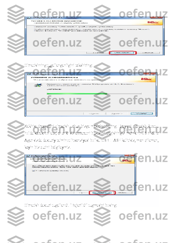 O'rnatishning tugallanganligini tekshiring:
Zakhist drayverini o'rnatish uchun bizga maslahat bering. Drayvni o'rnatish faqat u
holda kerak bo'ladi, chunki siz apparatni buzishni engishingiz mumkin. USB kalit.
Agar sizda dasturiy ta'minot litsenziyasi bo'lsa. USB HASP kalitisiz, men qilaman,
keyin biz qutini belgilaymiz.
O'rnatish dasturi tugallandi. "Bajarildi" tugmasini bosing: 