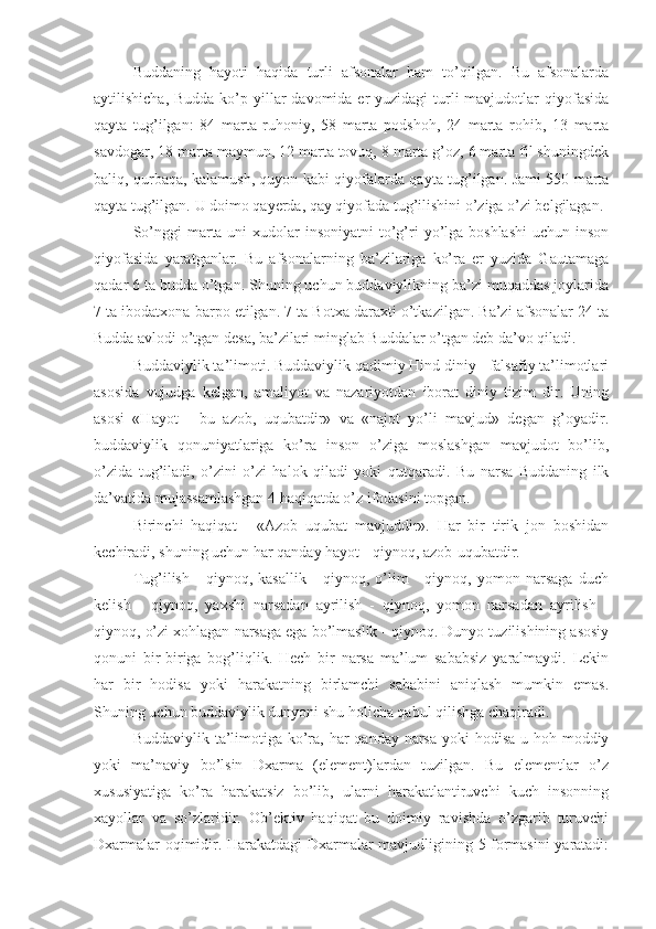 Buddaning   hayoti   haqida   turli   afsonalar   ham   to’qilgan.   Bu   afsonalarda
aytilishicha, Budda  ko’p yillar  davomida er  yuzidagi  turli  mavjudotlar  qiyofasida
qayta   tug’ilgan:   84   marta   ruhoniy,   58   marta   podshoh,   24   marta   rohib,   13   marta
savdogar, 18 marta maymun, 12 marta tovuq, 8 marta g’oz, 6 marta fil shuningdek
baliq, qurbaqa, kalamush, quyon kabi qiyofalarda qayta tug’ilgan. Jami 550 marta
qayta tug’ilgan. U doimo qayerda, qay qiyofada tug’ilishini o’ziga o’zi belgilagan. 
So’nggi  marta uni  xudolar  insoniyatni  to’g’ri  yo’lga boshlashi  uchun inson
qiyofasida   yaratganlar.   Bu   afsonalarning   ba’zilariga   ko’ra   er   yuzida   Gautamaga
qadar 6 ta budda o’tgan. Shuning uchun buddaviylikning ba’zi muqaddas joylarida
7 ta ibodatxona barpo etilgan. 7 ta Botxa daraxti o’tkazilgan. Ba’zi afsonalar 24 ta
Budda avlodi o’tgan desa, ba’zilari minglab Buddalar o’tgan deb da’vo qiladi.
Buddaviylik ta’limoti. Buddaviylik qadimiy Hind diniy - falsafiy ta’limotlari
asosida   vujudga   kelgan,   amaliyot   va   nazariyotdan   iborat   diniy   tizim   dir.   Uning
asosi   «Hayot   -   bu   azob,   uqubatdir»   va   «najot   yo’li   mavjud»   degan   g’oyadir.
buddaviylik   qonuniyatlariga   ko’ra   inson   o’ziga   moslashgan   mavjudot   bo’lib,
o’zida   tug’iladi,   o’zini   o’zi   halok   qiladi   yoki   qutqaradi.   Bu   narsa   Buddaning   ilk
da’vatida mujassamlashgan 4 haqiqatda o’z ifodasini topgan.
Birinchi   haqiqat   -   «Azob   uqubat   mavjuddir».   Har   bir   tirik   jon   boshidan
kechiradi, shuning uchun har qanday hayot - qiynoq, azob-uqubatdir.
Tug’ilish   -   qiynoq,   kasallik   -   qiynoq,   o’lim   -   qiynoq,   yomon   narsaga   duch
kelish   -   qiynoq,   yaxshi   narsadan   ayrilish   -   qiynoq,   yomon   narsadan   ayrilish   -
qiynoq, o’zi xohlagan narsaga ega bo’lmaslik - qiynoq. Dunyo tuzilishining asosiy
qonuni   bir-biriga   bog’liqlik.   Hech   bir   narsa   ma’lum   sababsiz   yaralmaydi.   Lekin
har   bir   hodisa   yoki   harakatning   birlamchi   sababini   aniqlash   mumkin   emas.
Shuning uchun buddaviylik dunyoni shu holicha qabul qilishga chaqiradi.
Buddaviylik ta’limotiga ko’ra, har  qanday narsa yoki  hodisa u hoh moddiy
yoki   ma’naviy   bo’lsin   Dxarma   (element)lardan   tuzilgan.   Bu   elementlar   o’z
xususiyatiga   ko’ra   harakatsiz   bo’lib,   ularni   harakatlantiruvchi   kuch   insonning
xayollar   va   so’zlaridir.   Ob’ektiv   haqiqat   bu   doimiy   ravishda   o’zgarib   turuvchi
Dxarmalar oqimidir. Harakatdagi Dxarmalar mavjudligining 5 formasini yaratadi: 