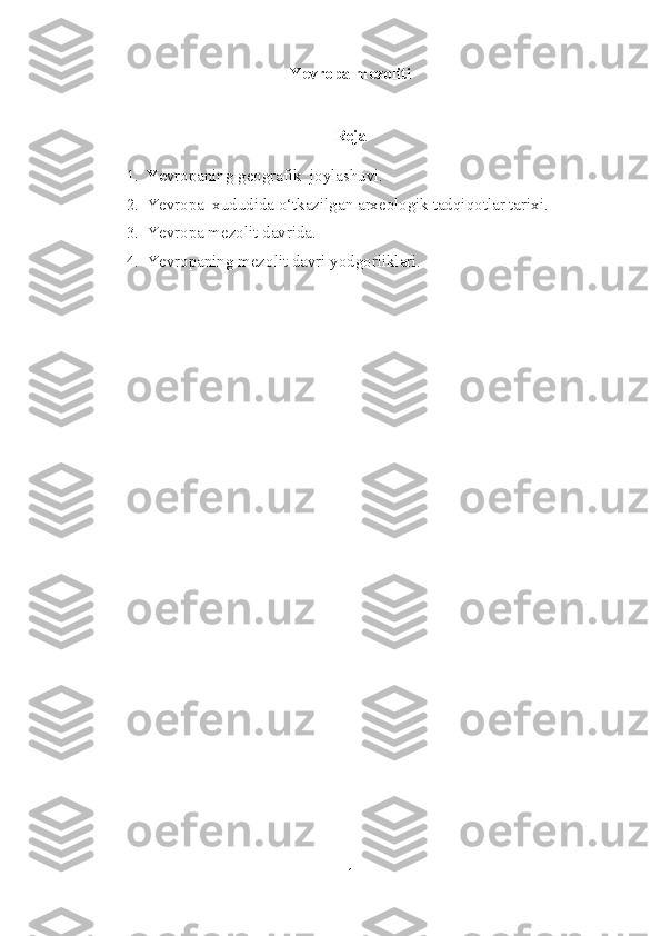 Yevropa mezoliti
 
Reja
1. Ye vropaning geografik  joylashuvi.
2. Yevropa  xududida o‘tkazilgan arxeologik tadqiqotlar tarixi.
3. Ye vropa mezolit davrida.   
4. Ye vropaning mezolit davri yodgorliklari.
1 