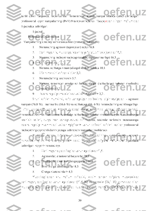  	39	 	
tahlil  qilish  natijasida,  responden	tlar    tomomnidan  stressli  vaziyat  sifatida  qabul  qilinadigan 	
professional  qiyin vaziyatlarning (P+V) 9 ta tipi avniqlandi.  Tadqiq	otdan olingan  ma‘lumotlar 	
1-jadvalda keltirilgan.	 	
1-jadval.	 	
Professional qiyin vaziyat	 	
Vaziyatlarning umumiy soni orasida fo	iz (protsent) nisbati (%)	 	
1. 	Nomzodning agressiv (tajovuzkor) xulqi 26,8.	 	
2. 	Ochilmaganlik, muloqotga istakning yo‗qligi, to‗liqsiz javoblar 16,3.	 	
3. 	Nomzodning muloqot vaqtidagi takabburligi (manmanligi) 16,3.	 	
4. 	Qo‗pol javoblar 10,1.	 	
5. 	Nomzod suhbatga <mast (alkogol i	chib)> holatda 10,1.	 	
6. 	O‗z nomzodini zo‗rlab kiritish 5,2.	 	
7. 	Nomzodlarning kechikishi 5,2.	 	
8. 	Nomzod  tomonidan  avvalgi  ish  beruvchilarga    (rahbarlarga)  nisbatan  insofsizlik 
(vijdonsizlik) 5,2.	 	
9. 	Barcha hayotiy omadsizliklar ustidan  <yig‗lash> 5,2 .	 	
Shuni  ko‗rish  m	umkinki,  ko‗p  uchraydigan  professional  qiyin  vaziyatlar   	- agressiv 	
vaziyati (26,8 %),  manmanlik (16,6 %) va suhbatdagi (16, 6 %) nomzodlarning ochilmaganligi. 
+o‗pol,  odobsiz  muloqot  va  <mast>  holatdagi  vaziyatlar  kamroq  uchraydi.  Bundan  tashqari, 
nomzod	 o‗zini  <	 zo‗rlab  kiritish	>,  avvalgi  rahbarlariga  nisbatan  insofsizlik  qilishi,  uchrashuvga 	
kechikib  kelishi,  bunga  hech  qanday  zarurat  bo‗lmasa	-da,  xodimlar  tanlovchi  mutaxassisga 	
barcha  hayotiy  muammolari  ustidan  <yig‗lash>  uchun  ob‘ektni  ko‗rishi  kabila	r  professional 	
muloqotning qiyinchiliklarini yuzaga keltiruvchi vaziyatlar hisoblanadi. 	 	
Xodimlar  tanlan  bo‗yicha  mutaxassislar  javoblarining  kontent	-tahlili  <qiyin> 	
nomzodlarning  tipini  aniqlashga  yordam  berdi.  Bu  javoblar  bo‗yicha  ma‘lumotlar  2	-jadvalda 	
keltirilgan. <qiyin> nomzod tipi.	 	
1. 	Ochilmaganlar, atrofdagilar uchun «yopiq»lar 41,6.	 	
2. 	Agressivlar, emotsional beqarorlar 29,1.	 	
3. 	Takabburlar (manman, kekgayganlar) 16,6.	 	
4. 	Biror fikrga kelolmaganlar 8,3.	 	
5. 	Chetga 	<ketuvchilar	> 4,3.	 	
Yuqoridagilardan  shu  ma‘lum  bo‗	ladiki,  xodim  tanlash  bo‗yicha  mutaxassislar 	
ochilmagan,  atrofdagilar  uchun  «yopiq»lar  (41,6  %)  va  agressiv  (29,1  %)  nomzodlar  bilan  
muloqotda ko‗proq qiyinchiliklar sezadilar. Bulardan tashqari, manmanlar (16,6 %), biror fikrga   