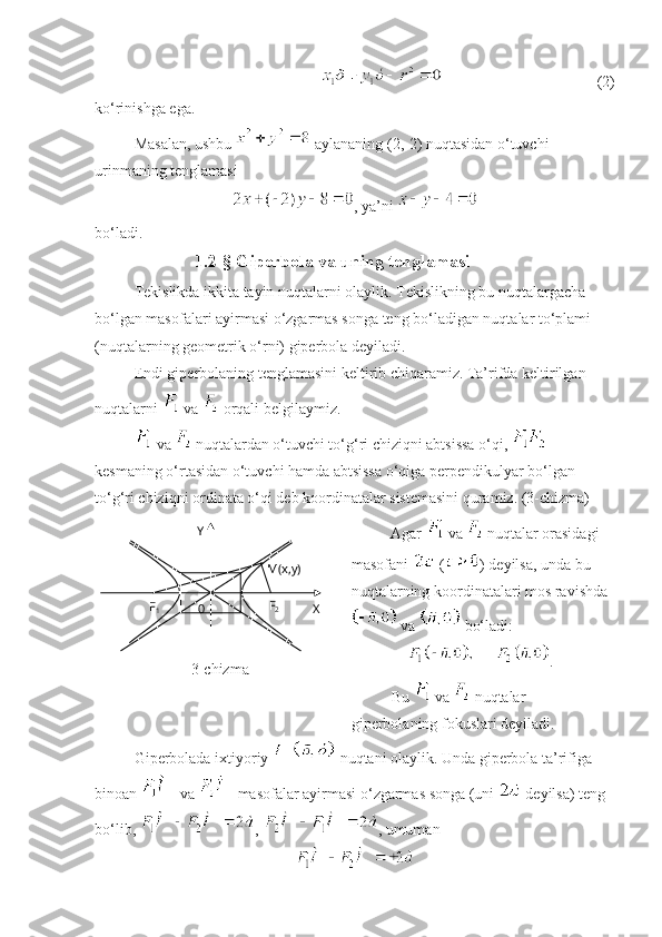   (2)
ko‘rinishga ega. 
Masalan, ushbu   aylananing (2,-2) nuqtasidan o‘tuvchi 
urinmaning tenglamasi 
, ya’ni   
bo‘ladi. 
                      1.2-§ Giperbola va uning tenglamasi
Tekislikda ikkita tayin nuqtalarni olaylik. Tekislikning bu nuqtalargacha 
bo‘lgan masofalari ayirmasi o‘zgarmas songa teng bo‘ladigan nuqtalar to‘plami 
(nuqtalarning geometrik o‘rni) giperbola deyiladi. 
Endi giperbolaning tenglamasini keltirib chiqaramiz. Ta’rifda keltirilgan 
nuqtalarni   va   orqali belgilaymiz. 
 va   nuqtalardan o‘tuvchi to‘g‘ri chiziqni abtsissa o‘qi,   
kesmaning o‘rtasidan o‘tuvchi hamda abtsissa o‘qiga perpendikulyar bo‘lgan 
to‘g‘ri chiziqni ordinata o‘qi deb koordinatalar sistemasini quramiz. (3-chizma)
3- chizma Agar   va   nuqtalar orasidagi 
masofani   ( ) deyilsa, unda bu 
nuqtalarning koordinatalari mos ravishda
 va   bo‘ladi:
.
Bu   va   nuqtalar 
giperbolaning fokuslari deyiladi. 
Giperbolada ixtiyoriy   nuqtani olaylik. Unda giperbola ta’rifiga 
binoan   va   masofalar ayirmasi o‘zgarmas songa (uni   deyilsa) teng 
bo‘lib,  ,  , umuman Y
XF
2
0F
1 M(x,y) 