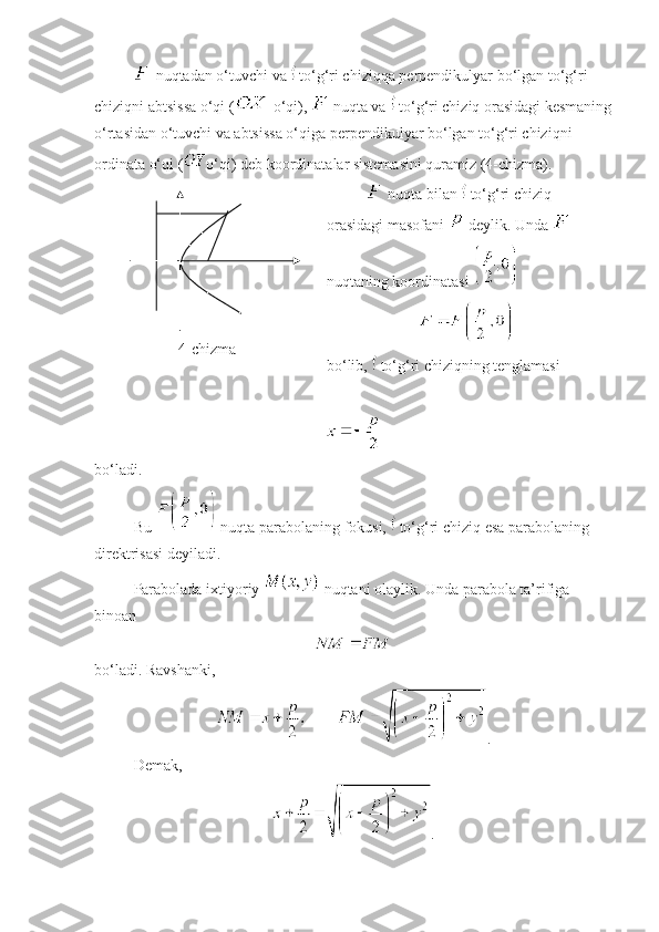  nuqtadan o‘tuvchi va   to‘g‘ri chiziqqa perpendikulyar bo‘lgan to‘g‘ri 
chiziqni abtsissa o‘qi (  o‘qi),   nuqta va   to‘g‘ri chiziq orasidagi kesmaning
o‘rtasidan o‘tuvchi va abtsissa o‘qiga perpendikulyar bo‘lgan to‘g‘ri chiziqni 
ordinata o‘qi ( o‘qi) deb koordinatalar sistemasini quramiz (4-chizma).
4-chizma  nuqta bilan   to‘g‘ri chiziq 
orasidagi masofani   deylik. Unda   
nuqtaning koordinatasi 
 
bo‘lib,   to‘g‘ri chiziqning tenglamasi
 
bo‘ladi. 
Bu   nuqta parabolaning fokusi,   to‘g‘ri chiziq esa parabolaning 
direktrisasi deyiladi.
Parabolada ixtiyoriy   nuqtani olaylik. Unda parabola ta’rifiga 
binoan 
 
bo‘ladi. Ravshanki, 
.
Demak, 
. 
