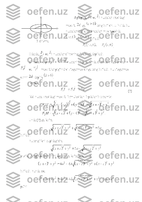 2 - chizma Aytaylik,   va   nuqtalar orasidagi 
masofa   ga   teng bo‘lsin. U holda bu 
nuqtalarning koordinatalari mos ravishda
 va   bo‘ladi:
.
Odatda,   va   nuqtalar ellipsning fokuslari deyiladi. 
Ellipsda ixtiyoriy   nuqtani olaylik. Unda ellips ta’rifiga binoan
 va   masofalar yig‘indisi o‘zgarmas songa teng bo‘ladi. Bu o‘zgarmas 
sonni   deylik  .
Demak, 
.  (3)
Ikki nuqta orasidagi masofa formulasidan foydalanib topamiz:
Unda (3) ga ko‘ra
bo‘ladi. 
Bu tenglikni quyidagicha
 
yozib, uning ikki tomonini kvadratga ko‘tarsak, unda 
 
bo‘ladi. Bunda esa 
 
ya’ni  