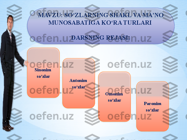 Antonim  
so‘zlarSinonim  
so‘zlar
Omonim  
so‘zlar
Paronim 
so‘zlarMAVZU: SO‘ZLARNING SHAKL VA MA’NO 
MUNOSABATIGA KO‘RA TURLARI 
DARSNING REJASI :       