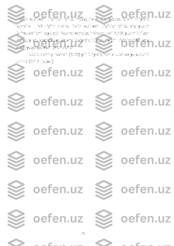 Fosfor   saыlovchi   o‘g‘itlar   ichida   makkajo‘xori   don   sifatiga   ta’siri   bo‘yicha
suprefos   –   NS   o‘g‘iti   boshqa   fosfor   saqlovchi   o‘g‘itlar   ichida   eng   yuqori
ko‘rsatkichlarni qayd etdi. Nazorat variatiga nisbatan oqsil 3,3 % yuqori bo‘lgan
bo‘lsa, yog‘, klechatka va kraxmal bo‘yicha boshqa fosforli o‘g‘itlar bilan teng
ahamiyatga ega ekanligi aniqlandi.
Tadqiqotlarning ikkinchi (2022) yili bo‘yicha ham shu tendesiya saqlanib
qolindi (3.4.2 - jadval)
42 
