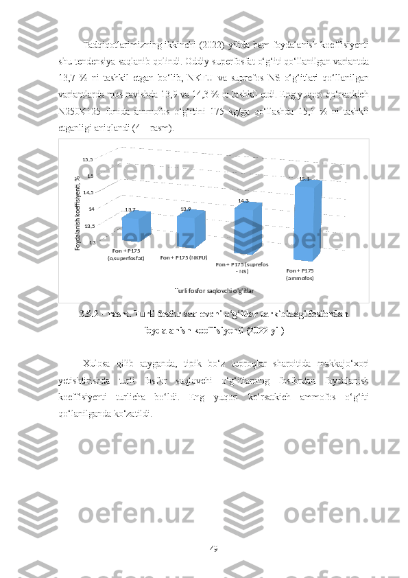 Tadqiqotlarimizning ikkinchi (2022) yilida ham foydalanish koeffisiyenti
shu tendensiya saqlanib qolindi. Oddiy superfosfat o‘g‘iti qo‘llanilgan variantda
13,7   %   ni   tashkil   etgan   bo‘lib,   NKFU   va   suprefos   NS   o‘g‘itlari   qo‘llanilgan
variantlarda mos ravishda 13,9 va 14,3 % ni tashkil etdi. Eng yuqori qo‘rsatkich
N250K125   fonida   ammofos   o‘g‘itini   175   kg/ga   qo‘llashda   15,1   %   ni   tashkil
etganligi aniqlandi (4 – rasm).
Fon + P175 
(o.superfosfat) Fon + P175 (NKFU)
Fon + P175 (suprefos 
- NS) Fon + P175 
(ammofos)1313.5 1414.5 1515.5
13.7 13.9 14.3 15.1
Turli fosfor saqlovchi o'g'itlarFoydalanish koeffisiyenti, % 
3.5.2  – rasm. Turli fosfor saqlovchi o‘g‘itlar tarkibidagi fosfordan
foydalanish koeffisiyenti (2022 yil)
Xulosa   qilib   atyganda,   tipik   bo‘z   tuproqlar   sharoitida   makkajo‘xori
yetishtirishda   turli   fosfor   saqlovchi   o‘g‘itlarning   fosfordan   foydalanish
koeffisiyenti   turlicha   bo‘ldi.   Eng   yuqori   ko‘rsatkich   ammofos   o‘g‘iti
qo‘lanilganda ko‘zatildi.
49 