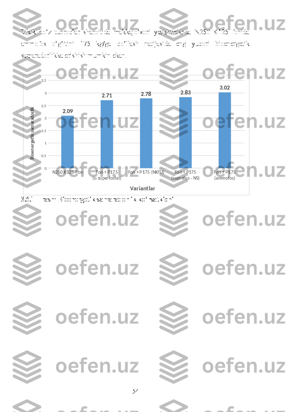Tikik   bo‘z   tuproqlar   sharoitida   makkajo‘xori   yetishtirishda   N250   K125   fonida
ammofos   o‘g‘itini   175   kg/ga   qo‘llash   natijasida   eng   yuqori   bioenergetik
samaradorlikka erishish mumkin ekan.
 
3.6.1 – rasm  Bioenergetik samaradorlik ko‘rsatkichi 
54N250 K125-Fon Fon + P175 
(o.superfosfat) Fon + P175 (NKFU) Fon + P175 
(suprefos - NS) Fon + P175 
(ammofos)00.5 11.5 22.5 33.5
2.09 2.71 2.78 2.83 3.02
VariantlarBioenergetik samaradorlik   