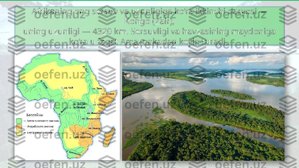 Afrikaning eng sersuv va uzunligiga ko‘ra ikkinchi daryosi — 
Kongo (Zair),
uning uzunligi — 4320 km. Sersuvligi va havzasining maydoniga 
ko‘ra u faqat Amazonkadan keyin turadi.     