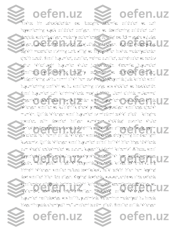 Boshqa   bir   uchastkalaridan   esa   faqatgina   keramika   qoldiqlari   va   turli
hayvonlarning   suyak   qoldiqlari   topilgan.   Bino   va   devorlarning   qoldiqlari   turli
darajada saqlanib qolgan, madaniy qatlamlarning qalinligi esa 2,5 m gacha vujudga
kelgan,   uchta   qurlish   gorizonti   mavjudligi   aniqlangan.   Sopolli   madaniyatiga
tegishli   materiallar   o`zining   turfa  xilligi   va   boyligi   bilan   boshqa   madaniyatlardan
ajralib turadi. Sopol buyumlari, qurollar, mehnat qurollari, taqinchoqlar va pardoz
uchun   ishlatiluvchi   buyumlar   shular   jumlasidandir.   Keramika   buyumalari
Sopollitepa   yodgorligining   madaniy   qatlamlari   va   qabrlaridan   topilgan.
Yodgorlikning ushbu nomni olishi ham qazishmalar jarayonida juda ko`plab sopol
buyumlarining   topilishi   va   bu   sopollarning   o`ziga   xos   shakllari   va   bezaklaridir.
Sopol   buyumlari   turli   ko`rininshlarda   mavjud   bo`lib,   ularni   alohida   mukammal
o`rganishni   talab   etadi.   Texnik   jihatidan   sopol   buyumlarini   ikki   turga   –   qo`lda
ishlangan   sopollar   va   kulolchilik   charxi   yordamida   yasalgan   sopollarga   ajratish
mumkin. Qo`lda ishlangan sopol buyumlari oz miqdorni tashkil qiladi – ko`pgina
tovoqlar,   qalin   devorlari   bo`lgan   xumsimon   shakldagi   qozonlar   shular
jumlasidandir, garchi bu davrda kulolchilik charxi ixtiro qilingan bo`lsa-da, ayrim
holatlarda hali hamon qo`lda ishlangan sopol idishlarga ehtiyojning bor ekanligini
kuzatamiz. Qo`lda ishlangan sopol buyumlari qo`pol bo`lishi bilan birga idishlarda
qum-shag`al   aralashmalari   va   qurum,   kuyganlik   izlarini   ko`ramiz1   Albatta,   sopol
tayyorlanishi   uchun   mahsulot   xom   ashyosini   tanlab   olish   ham   katta   ahamiyatga
egadir,   madaniyatlarni   o`rganish   jarayonida   shu   narsa   ko`zga   tashlanadiki,   eng
birinchi   ishlangan   sopollar   nafaqat   texnikakasi,   balki   tarkibi   bilan   ham   keyingi
davr sopollari bilan farq qilgan. Keyingi davrlarda, xususan, antic va o`rta asrlarda
sopollarning   nihoyatda   bejirim   bo`lishi   ko`p   jihatdan   keramikaning   tarkibiga   va,
ikkilamchi,   texnikasiga   bog`liq   bo`lgan.   Dastlabki   qo`lda   ishlangan   sopol
buyumlari   neolitdavriga   xos   bo`lib,   yurtimizda   Kaltaminor   madaniyati   bu   borada
bizga nihoyatda ahamiyatli ma’lumotlarni taqdim qiladi. Sopollar qo`lda ishlangan 