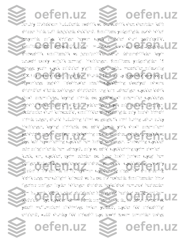 Janubiy   O`zbekiston   hududlarida   ovchilik   va   chorvachilik   shart-sharoitdan   kelib
chiqqan  holda  turli   darajalarda shakllandi.  Sopollitepa  yodgorligida  qazish  ishlari
jarayonida   qo`lga   kiritilgan   hayvon   suyak   qoldiqlari   shuni   tasdiqlaydiki,
sopollitepaliklar   chorvachilik   bilan   muntazam   ravishda   shug`ullanganlar,
chorvachilik   sopollitepalik   va   jarqo`tonliklar   uchun   dehqonchilikdan   keyin
turuvchi   asosiy   xo`jalik   tarmog`I   hisoblangan.   Sopollitepa   yodgorligidan   16
mingga   yaqin   suyak   qoldiqlari   yig`ib   olingan,   ushbu   materiallar   poleazolog
B.X.Botiriov tomonidan o`rganilgan. Shundan 6906 tasi uy hayvonlari va yovvoyi
hayvonlarga   tegishli   Tekshiruvlar   orqali   suyaklarning   aksariyati   oshxona
chiqindilari   sifatida   tashlangan   chiqitlardir.   Eng   ko`p   uchratilgan   suyaklar   kichik
shoxli   qoramollarga,   keyingi   o`rinda   esa   yirik   shoxli   qoramollar   suyaklariga
tegishli,   mehnat   qurollari   sifatida   foydalanilgan   suyak   qoldiqlari   ham   topilgan.
Tadqiqotlar   shuni   ko`rsatadiki,   sopolliliklar   chorvachiligida   qo`y   boqish   birinchi
o`rinda   turgan,   chunki   hududning   iqlimi   va   geografik   o`rni   buning   uchun   qulay
hisoblangan,   keyingi   o`rinlarda   esa   echki   hamda   yirik   shoxli   qoramollarni
yetishtirish turadi. Topilgan qodiqlarining orasida  cho`chqa, eshak,  it, mushuk va
tuya   kabi   hayvonlarning   suyaklari   ham   borligi   aniqlangan.   Chorvaning   suyaklari
qabr   qo`rg`onlarida   ham   uchraydi,   qo`y   va   echki   suyaklarining   ayrim   qismlari   –
kurak,   son,   suyaklari,   ayrim   qabrdan   esa   butun   boshli   jonivor   suyagi   ham
topilgan.Yodgorlidan   aniqlangan   cho`chqa   va   eshak   suyaklarining   umumiy
miqdori   3   foiz   atrofida   bo`lib,   naysimon   suyaklarining   o`rganilishi   cho`chqaning
kichik   turga   mansubligini   ko`rsatdi   va   bu   esa   o`z   navbatida   Sopollitepadan   biroz
ilgariroq   topilgan   loydan   ishlangan   cho`chqa   haykalchasi   namunasi   haqiqatdan
ham   bu   yerda   kichik   turdagi   cho`chqalar   boqilganligi   haqidagi   ma’lumotni   ham
tasdiqladi. Tuya suyaklari kam miqdorda topilgan bo`lsa-da, biz uchun qiziqarli va
yetarli   ma’lumotlarni   olishimizga   imkon   yaratadi,   tuyalar   ikki   o`rkachliligi
aniqlandi,   xuddi   shunday   ikki   o`rkachli   tuya   tasviri   rassom   tomonidan   toshga 