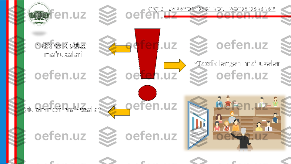 •
  O'quv dasturli 
ma'ruzalari
•
Tasdiqlangan ma'ruzalarO'QISH JARAYONIDAGI ROL HAQIDA DARSLAR
Muammoli ma'ruzalar 