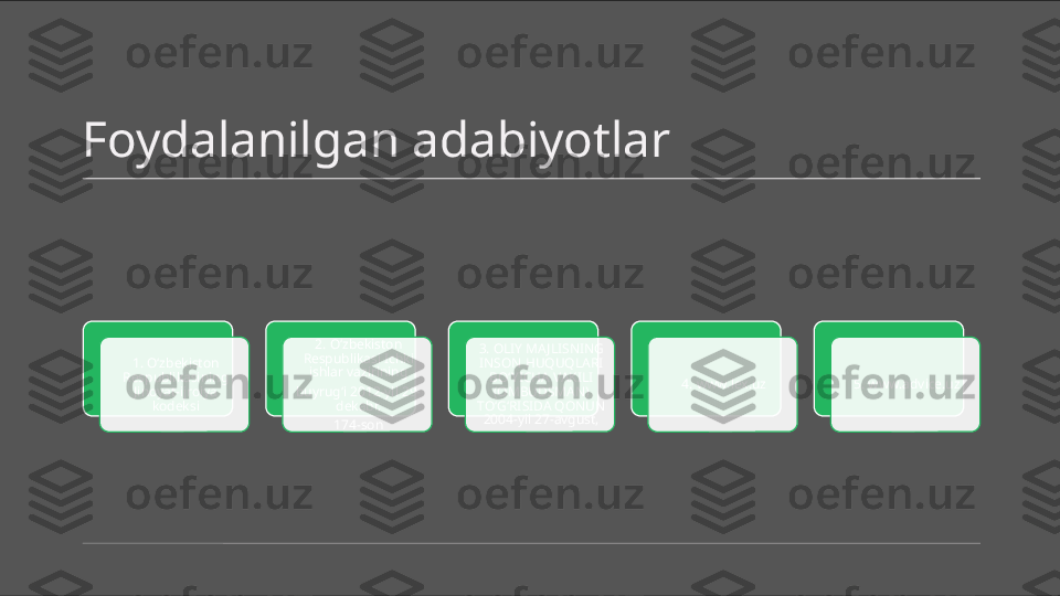 Foydalanilgan adabiyotlar
1. O‘zbekiston 
Respublikasining 
Jinoyat-ijroiya 
kodeksi 2. O‘zbekiston 
Respublikasi Ichki 
ishlar vazirining
buyrug‘i 2012-yil 29-
dekabr,
174-son 3. OLIY MA JLISNING 
INSON HUQUQLARI 
BO‘YICHA VAKILI 
(OMBUDSMAN) 
TO‘G‘RISIDA QONUN 
2004-yil 27-avgust, 4. www.lex.uz 5. www.advice.uz      