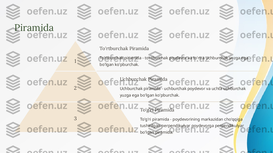 Piramida
1 To'rtburchak Piramida
To'rtburchak piramida - to'rtburchak poydevor va to'rtta uchburchak yuzga ega 
bo'lgan ko'pburchak.
2 Uchburchak Piramida
Uchburchak piramida - uchburchak poydevor va uchta uchburchak 
yuzga ega bo'lgan ko'pburchak.
3 To'g'ri Piramida
To'g'ri piramida - poydevorining markazidan cho'qqiga 
tushirilgan perpendikulyar poydevorga perpendikulyar 
bo'lgan piramida. 