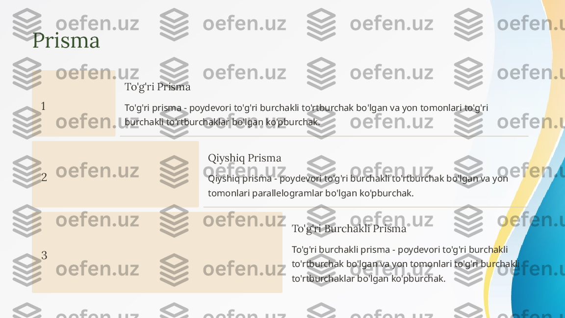 Prisma
1 To'g'ri Prisma
To'g'ri prisma - poydevori to'g'ri burchakli to'rtburchak bo'lgan va yon tomonlari to'g'ri 
burchakli to'rtburchaklar bo'lgan ko'pburchak.
2 Qiyshiq Prisma
Qiyshiq prisma - poydevori to'g'ri burchakli to'rtburchak bo'lgan va yon 
tomonlari parallelogramlar bo'lgan ko'pburchak.
3 To'g'ri Burchakli Prisma
To'g'ri burchakli prisma - poydevori to'g'ri burchakli 
to'rtburchak bo'lgan va yon tomonlari to'g'ri burchakli 
to'rtburchaklar bo'lgan ko'pburchak. 